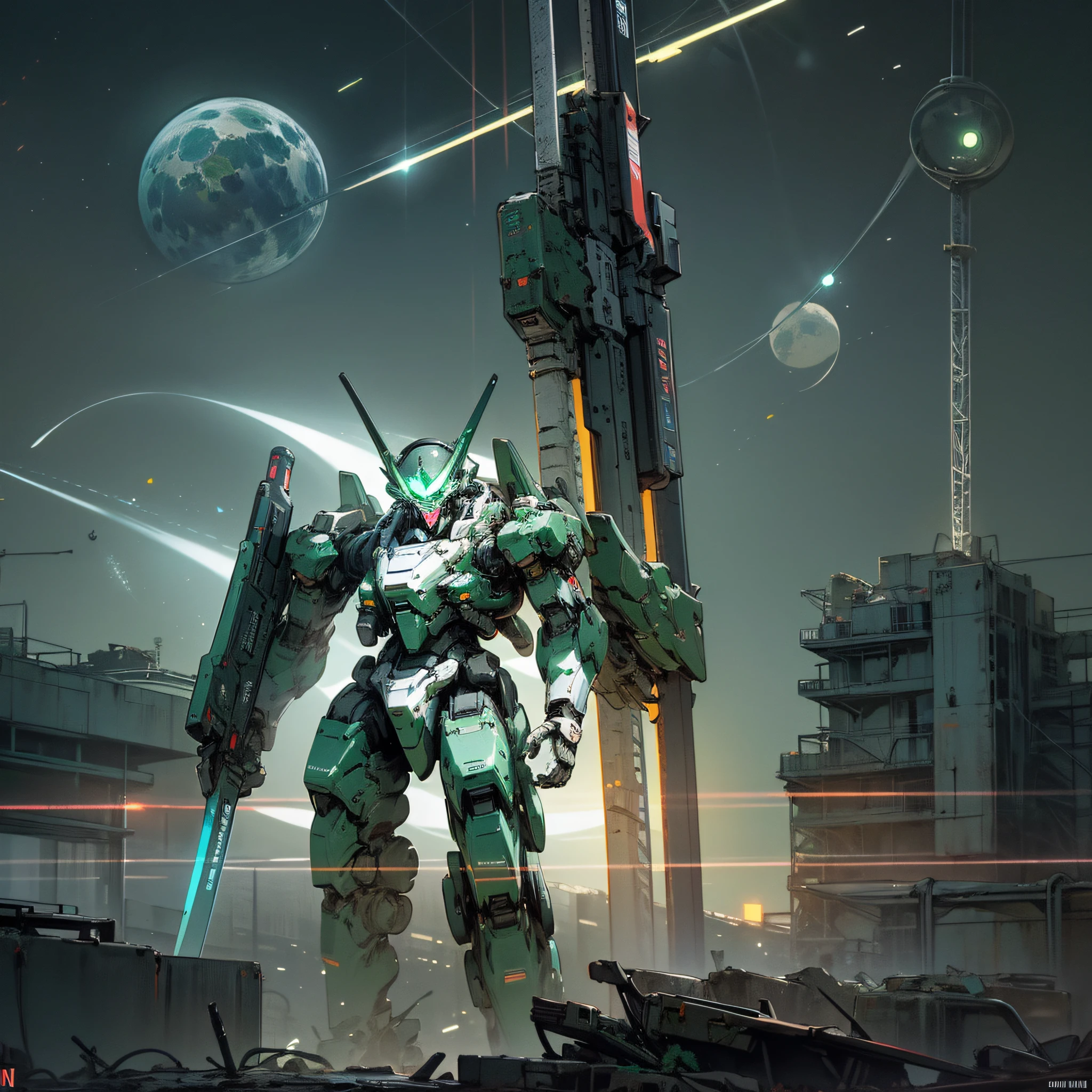 On the moon,barren planets, ruins, holding_weapon, no_humans, glowing, robot, building, glowing_eyes,green mecha, science_fiction, realistic,mecha,Milky Way Galaxy background,neon,cyberpunk, --auto --s2