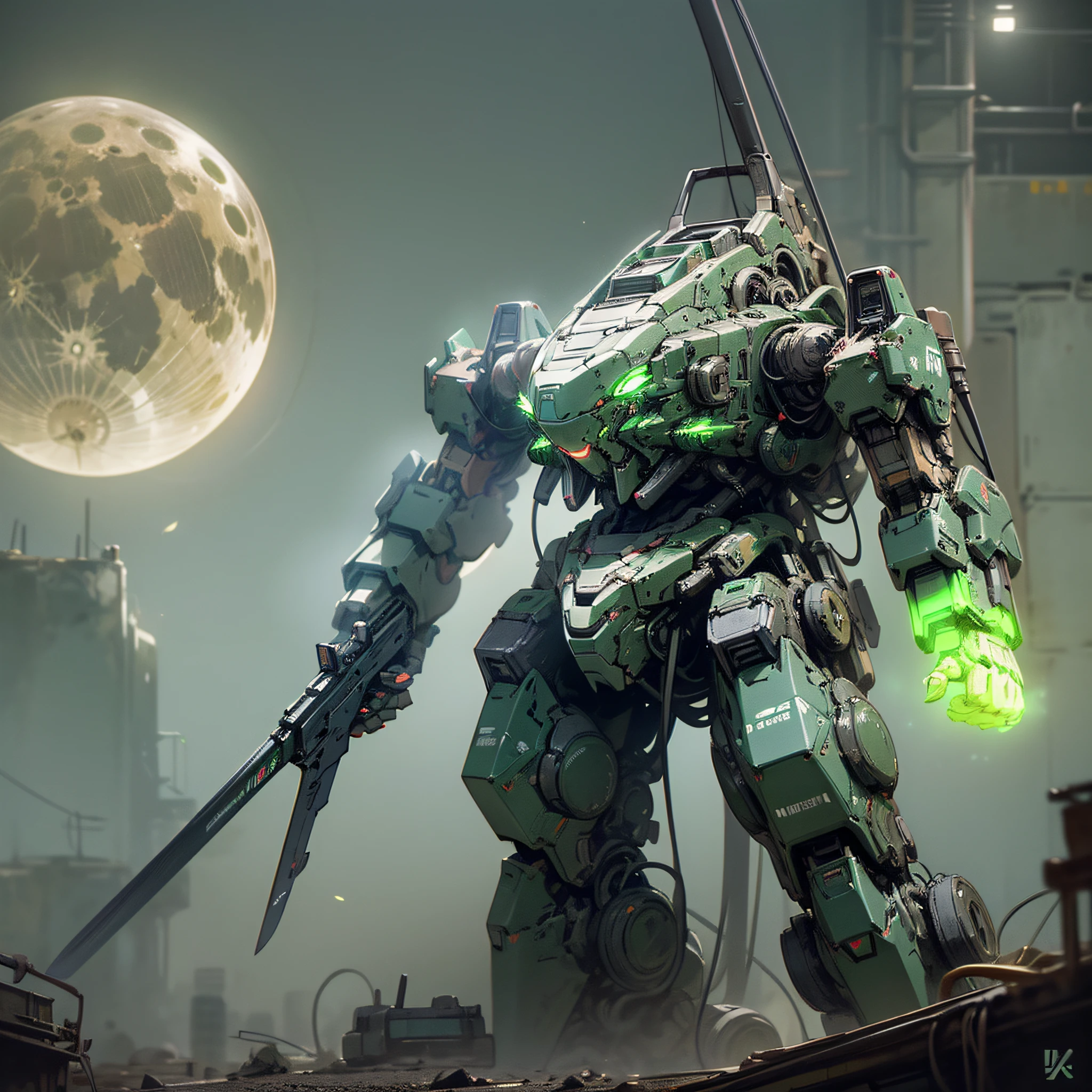 On the moon,barren planets, ruins, holding_weapon, no_humans, glowing, robot, building, glowing_eyes,green mecha, science_fiction, realistic,mecha,Milky Way Galaxy background,neon,cyberpunk, --auto --s2