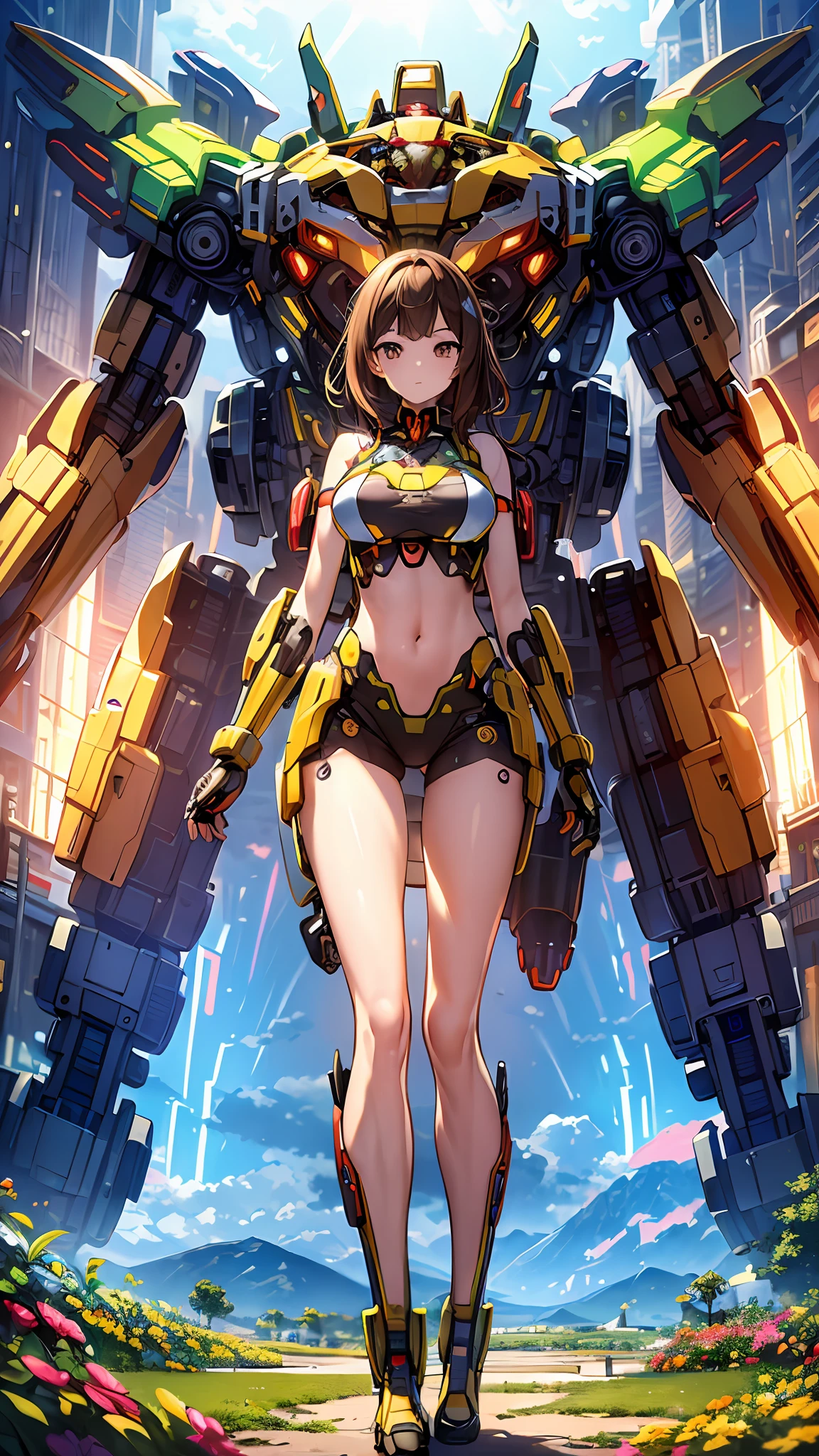 ((Masterpiece, Best Quality)), illustration, ultra-detailed 8K, realistic, clear focus, highly detailed, professional lighting, colorful details, super long shot of rainbow color break factory, large mechanical robot structure, microchip, computer, luminescence, intricate details, shitu-mecha, 1girl standing in front of the audience, bare legs, navel
