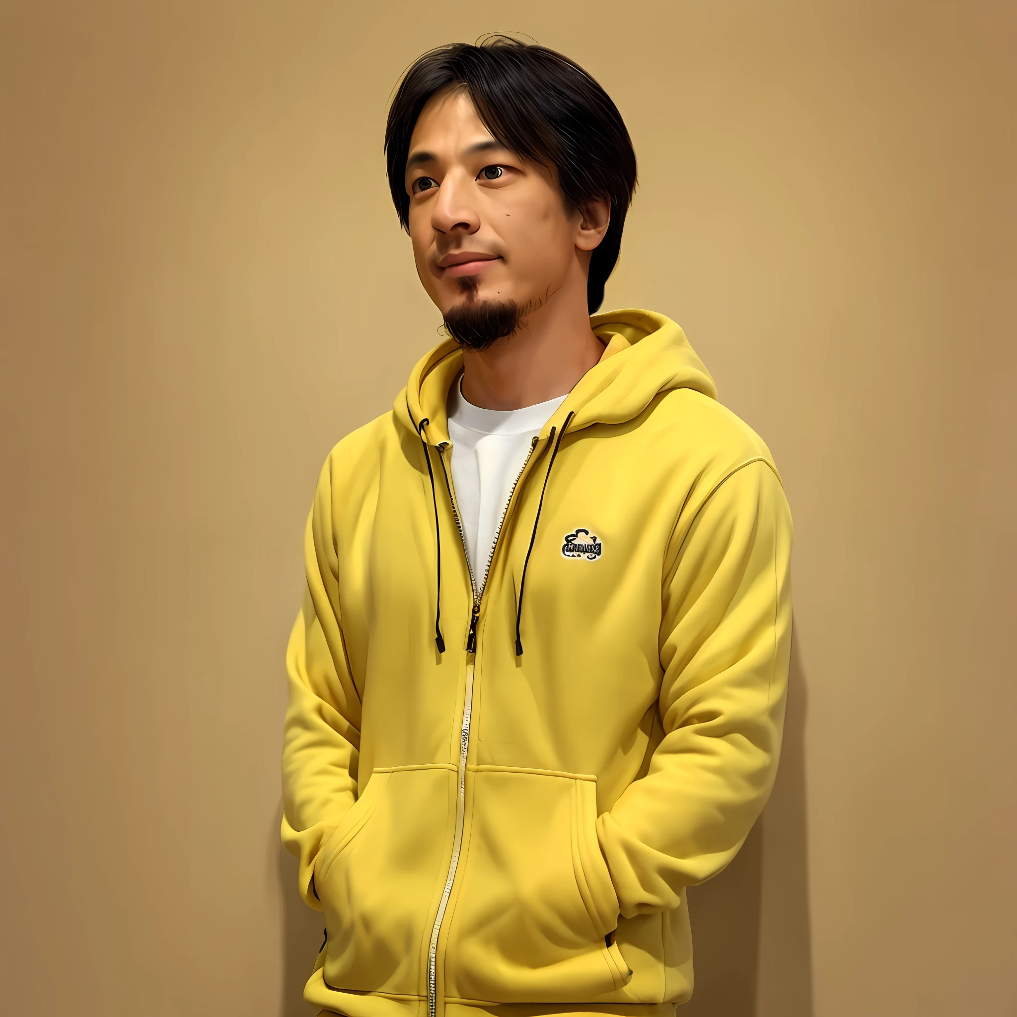 man, yellow hoodie, photorealistic