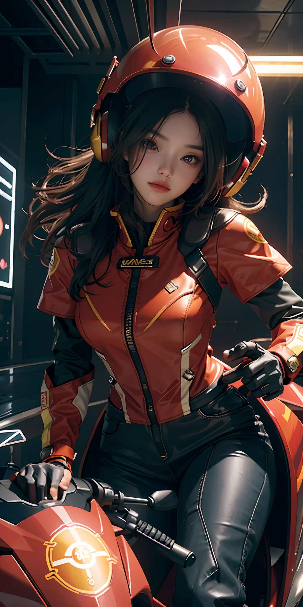 Highest image quality, outstanding details, super high resolution, (fidelity: 1.4), the best illustration, favor details, highly condensed 1girl, with a delicate and beautiful face, dressed in a red and yellow mecha, wearing a mecha helmet, holding a direction controller, riding on a motorcycle, the background is a high-tech lighting scene of the future city.