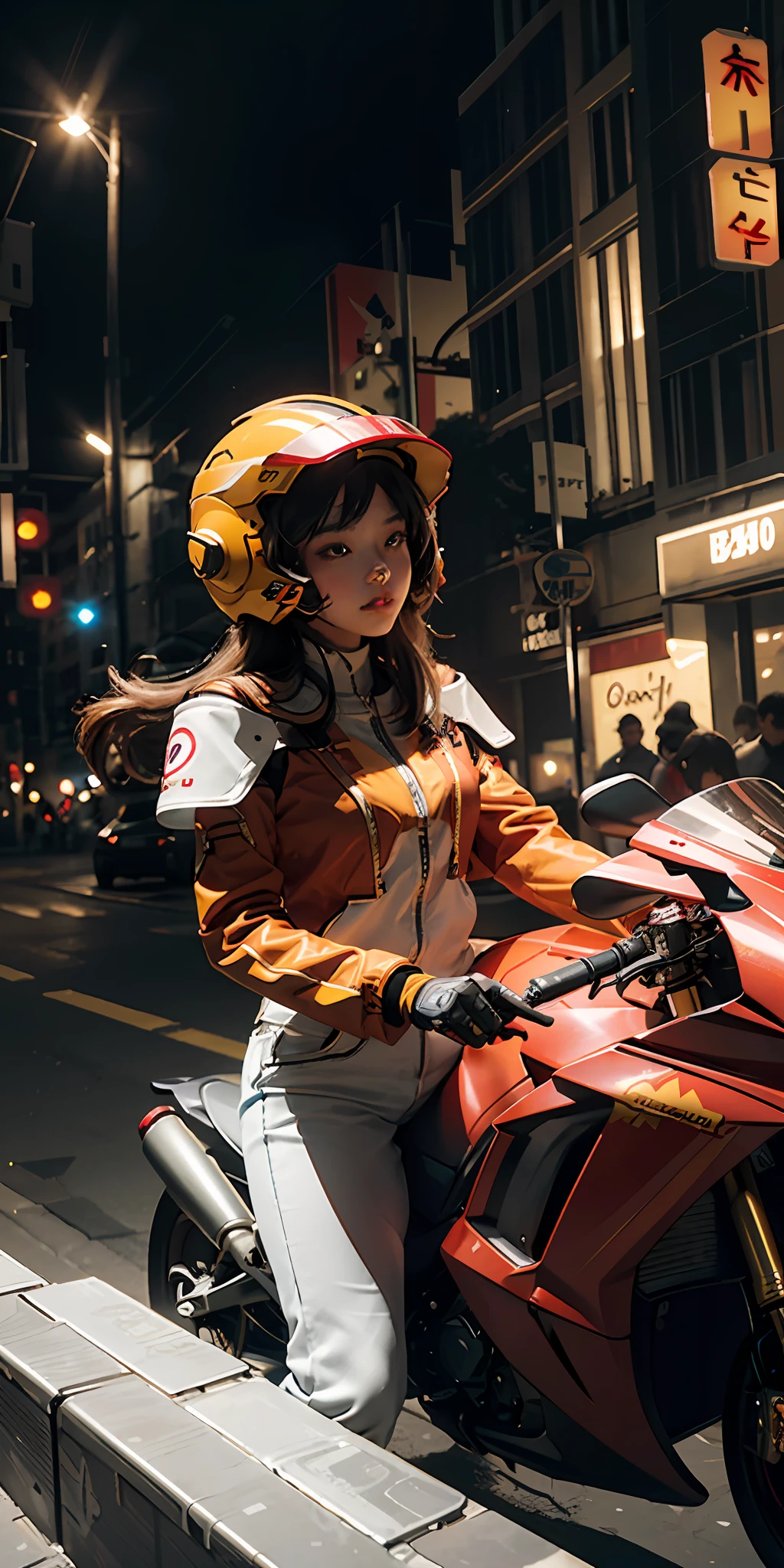 Highest image quality, outstanding details, super high resolution, (fidelity: 1.4), the best illustration, favor details, highly condensed 1girl, with a delicate and beautiful face, dressed in a red and yellow mecha, wearing a mecha helmet, holding a direction controller, riding on a motorcycle, the background is a high-tech lighting scene of the future city.