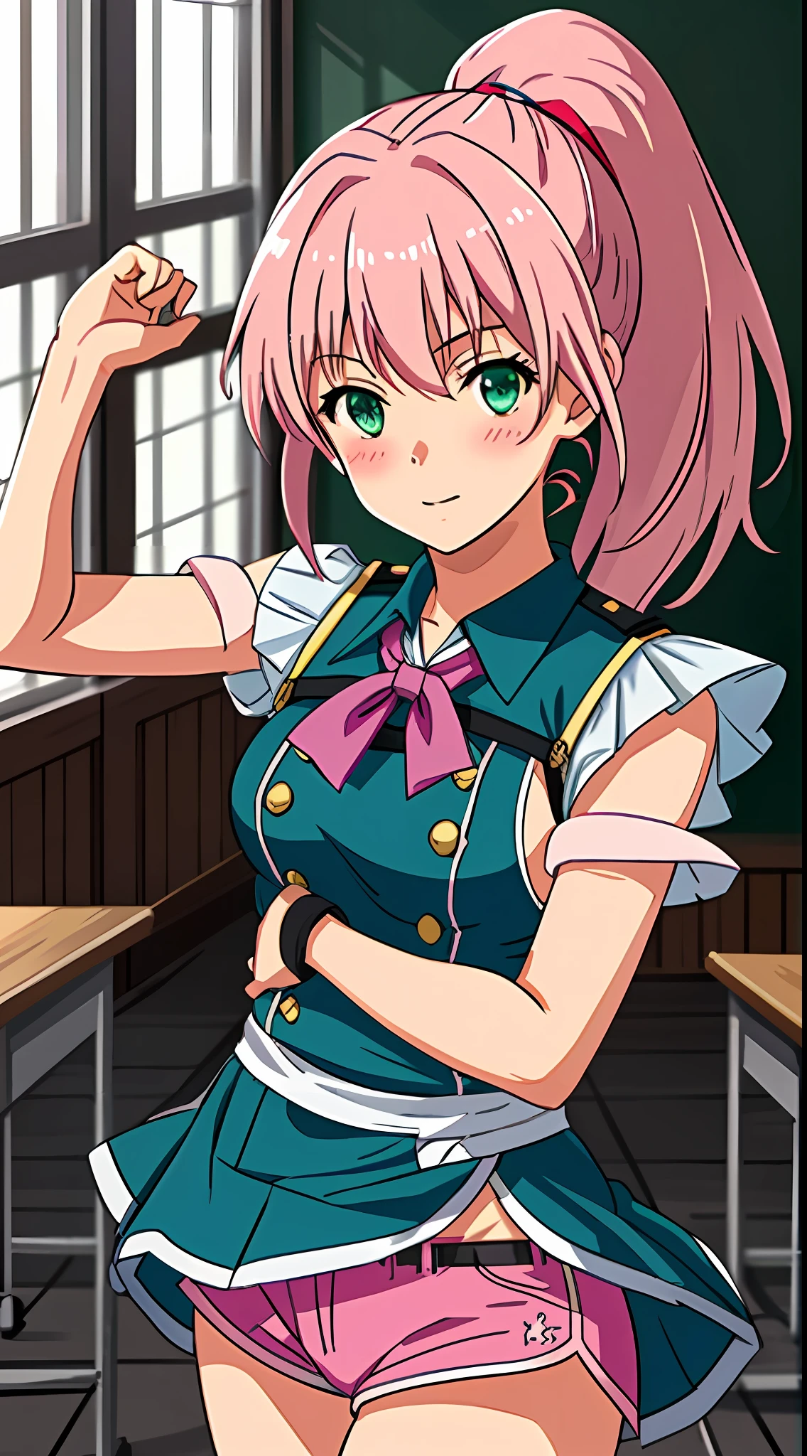 best quality, 8k, sharp focus, depth of field, best shadows, perfect lights, HDR, realistic skin texture, detailed, hyper detailed background, solo, 1 woman, Yuna crawford, pink hair, ponytail shorts and messy bangs, green eyes, small boobs, wearing a sexy lewd blue college dress, showing off her pink panties, shoulders showing, at a military school, anime style inspired by trails of cold steel IV, lewd, Ecchi, blushing, showing her pink panties in classroom