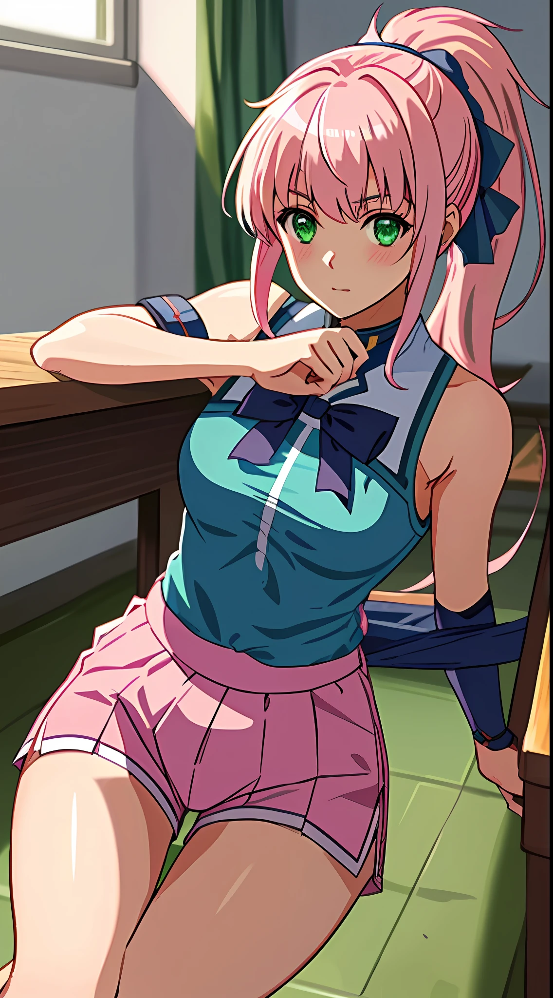 best quality, 8k, sharp focus, depth of field, best shadows, perfect lights, HDR, realistic skin texture, detailed, hyper detailed background, solo, 1 woman, Yuna crawford, pink hair, ponytail shorts and messy bangs, green eyes, small boobs, wearing a sexy lewd blue college dress, showing off her pink panties, shoulders showing, at a military school, anime style inspired by trails of cold steel IV, lewd, Ecchi, blushing, showing her pink panties in classroom