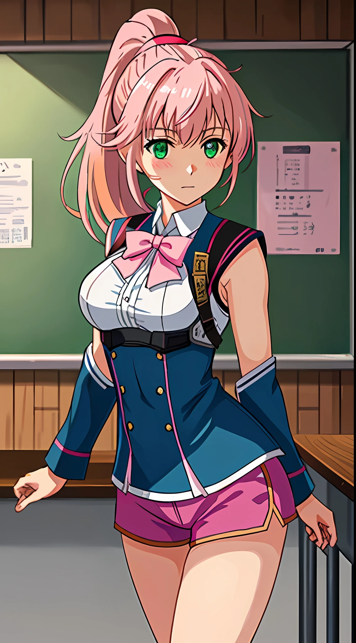 best quality, 8k, sharp focus, depth of field, best shadows, perfect lights, HDR, realistic skin texture, detailed, hyper detailed background, solo, 1 woman, Yuna crawford, pink hair, ponytail shorts and messy bangs, green eyes, small boobs, wearing a sexy lewd blue college dress, showing off her pink panties, shoulders showing, at a military school,  anime style inspired by trails of cold steel IV, lewd, Ecchi, blushing, showing her pink panties in classroom