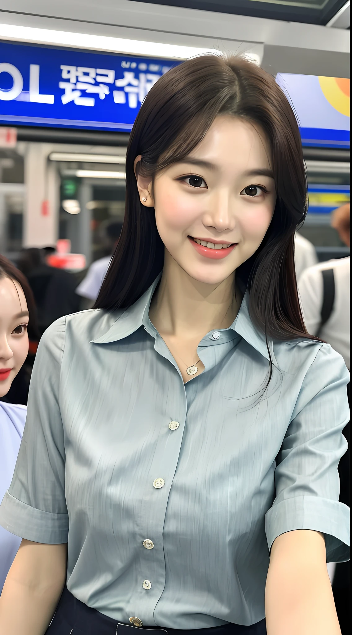 realistic photos of cute Korean star female, expressive hair, thin makeup,  size, slightly smile, shirt with rolled up sleeves, in the skytrain, clear facial features, Eye-Level Shot, dithering, UHD, masterpiece, super detail, best quality, highres, 16k,full body