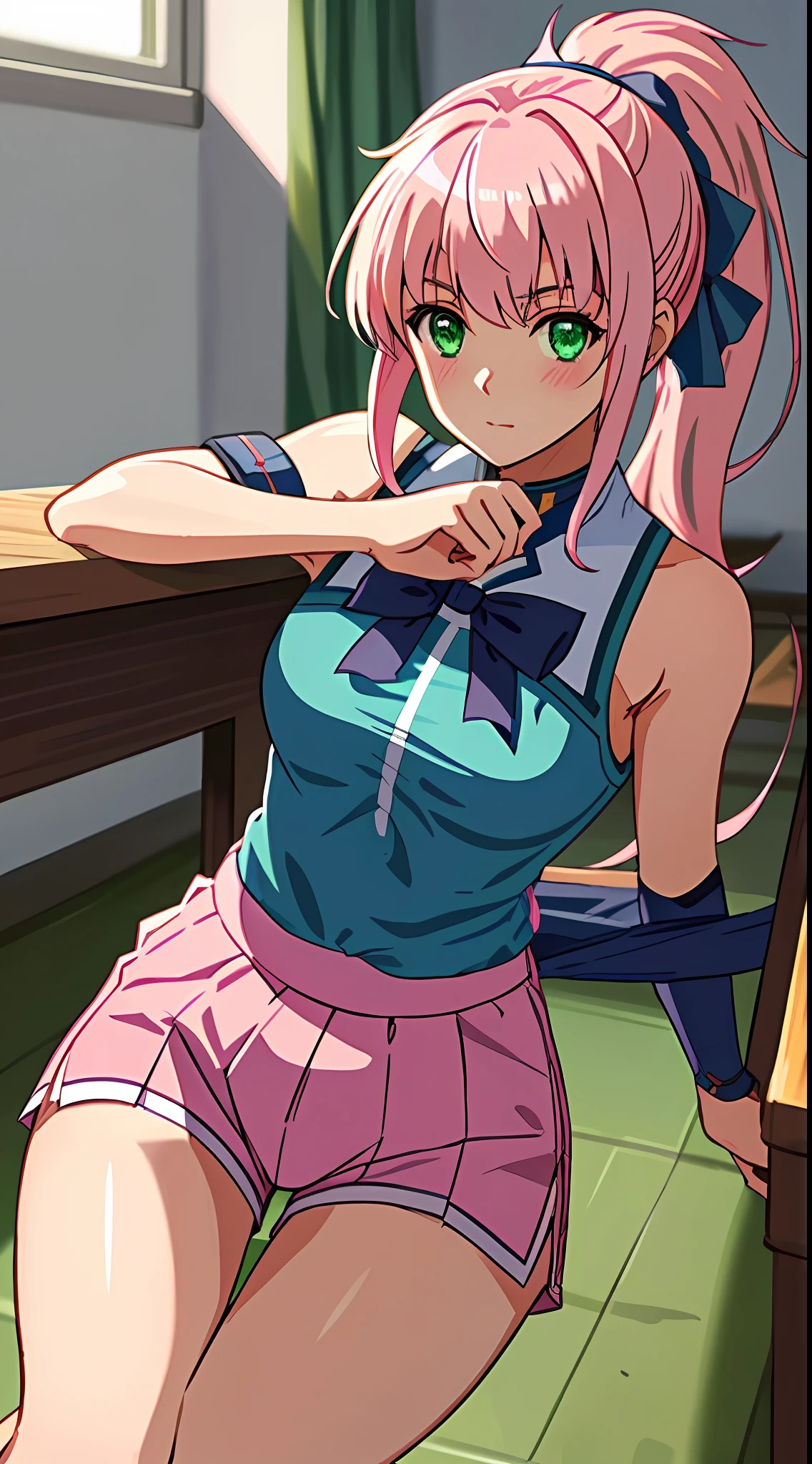 best quality, 8k, sharp focus, depth of field, best shadows, perfect lights, HDR, realistic skin texture, detailed, hyper detailed background, solo, 1 woman, Yuna crawford, pink hair, ponytail shorts and messy bangs, green eyes, small boobs, wearing a sexy ???? blue college dress, showing off her pink panties, shoulders showing, at a military school, anime style inspired by trails of cold steel IV, ????, ?????, blushing, showing her pink panties in classroom