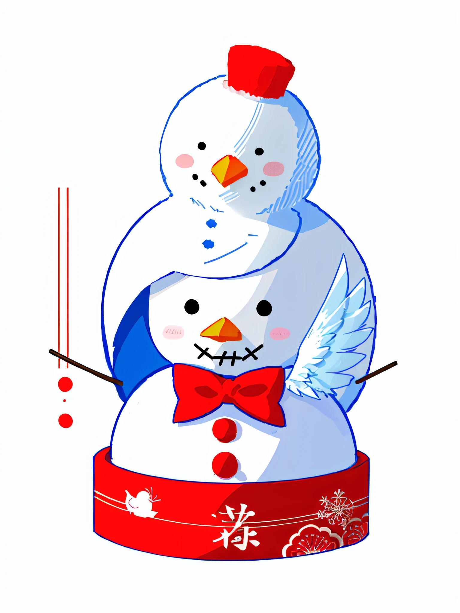 There is a drawing of a snowman with a red bow, Okada Hanko, Akasatana by Twitter, No Text, Aimitsu, Pixta. jp, pixta.jp, mechanical cute bird, sengai, traditional drawing style, anthropomorphic chicken, by Aye Q, (ultra detailed background, detailed background), absurdity, hi-res, super detailed, very detailed, 1girl, (bouquet: 1.3), (Zentangle: 1.2), (geometry: 1.2), (colorful),