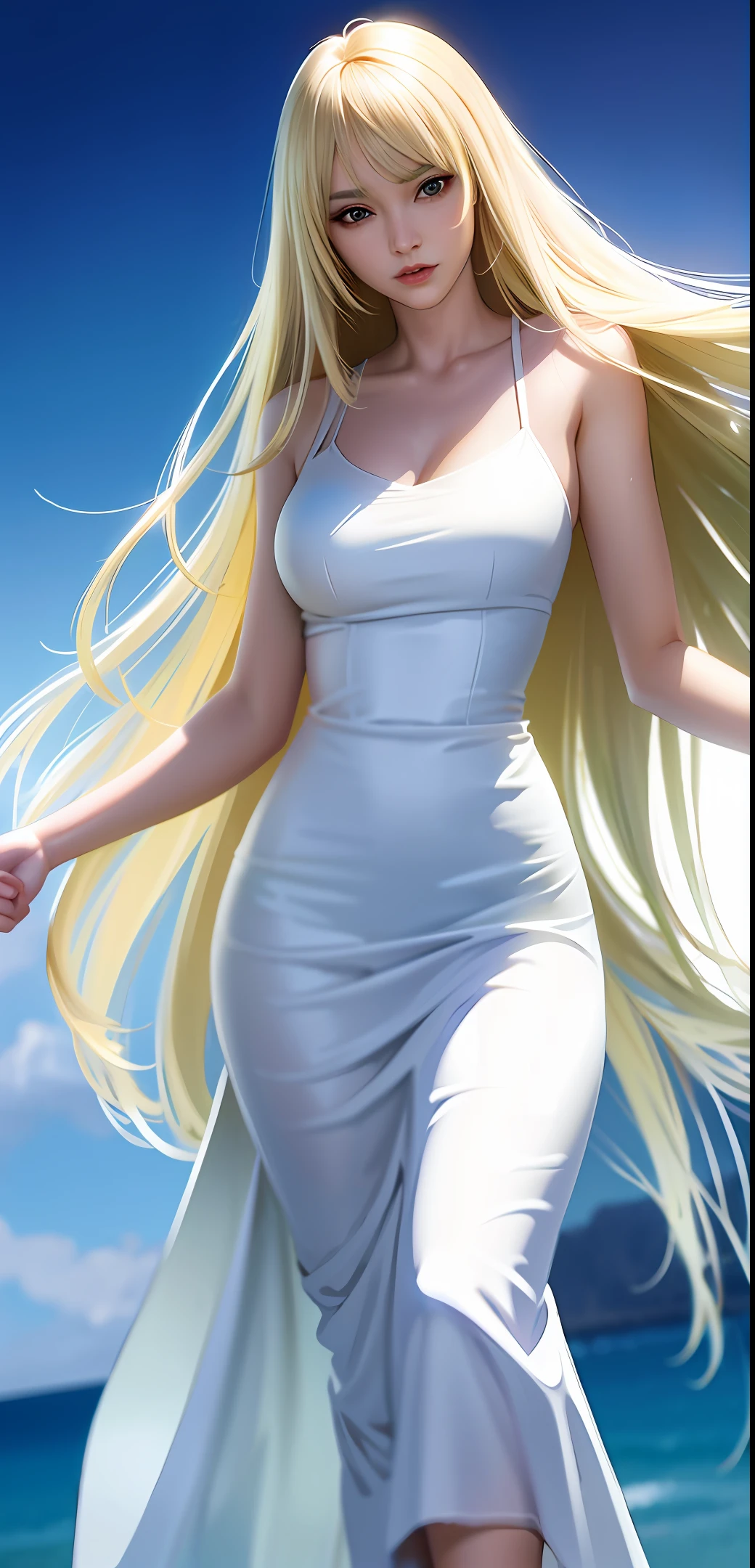 realistic, beautiful woman is yellow long hair, bangs, green eyes, white skin, wearing ( white long dresses),looking a viewer, beautiful female, solo female character, butterflies around,4k