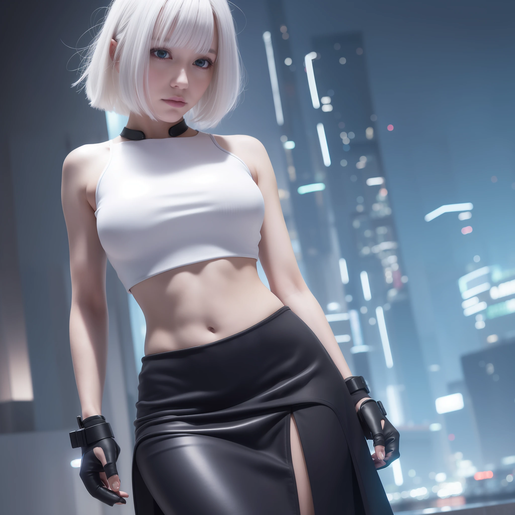 Cyberpunk, 8K, Realistic, 1girl, white hair, purple eyes, glowing eyes, cropped top, skirt, parted lips, blush, night, flowers, sun, sunlight, white skirt, short skirt, medium length hair, real, warm color, white short skirt, white clothes, background color light color, day environment, bright color background, saudi, ocean, cute, slightly bulging abdomen, huge breast, exaggerated clothing styling