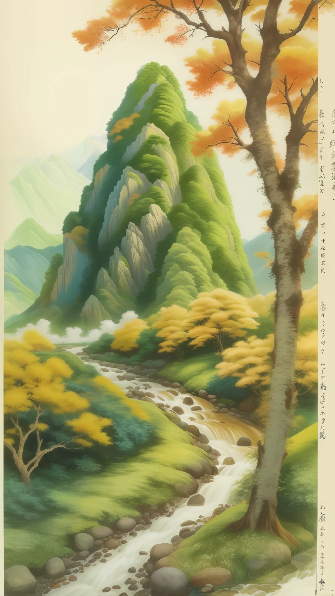 there is a painting of a mountain with a stream running through it, by Ryūsei Kishida, chinese landscape, by Yang Buzhi, artwork in style of sheng lam, autumn mountains, scenery artwork, inspired by Hishida Shunsō, qi sheng luo, japanese landscape, inspired by Hiroshi Yoshida