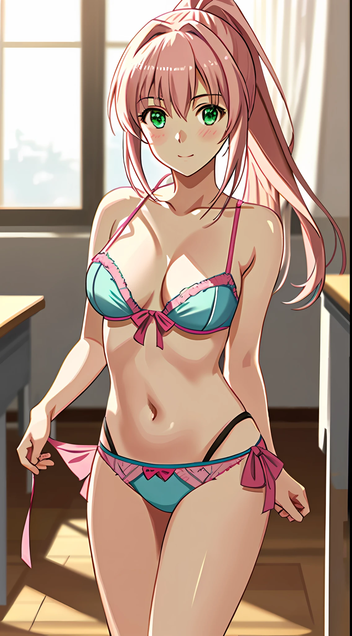 best quality, 8k, sharp focus, depth of field, best shadows, perfect lights, HDR, realistic skin texture, detailed, hyper detailed background, solo, 1 woman, Yuna crawford, pink hair, ponytail shorts and messy bangs, green eyes, small boobs, wearing a sexy lewd blue college dress, showing off her pink panties, shoulders showing, at a military school, anime style inspired by trails of cold steel IV, lewd, Ecchi, blushing, showing her pink panties in classroom