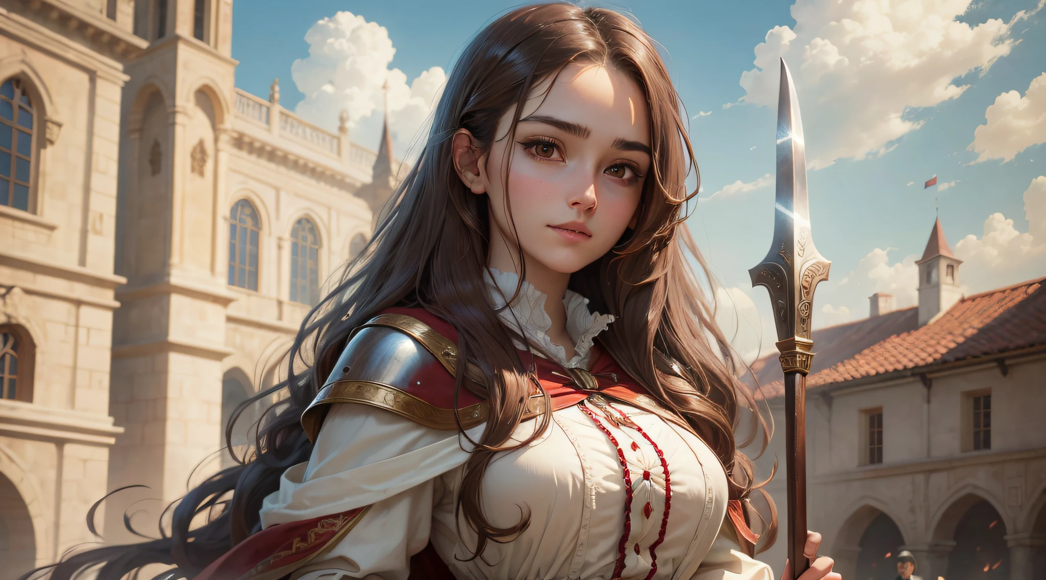 (highest resolution, distinct_image) top quality, female masterpiece, highly detailed, semi-realistic, (most of the body), brown long hair, 18 years old, young, white blouse, red cloak, medieval Spanish costume, sharp face, (big brown eyes), gently smiling, authoritative, powerful, standing with a spear, anime reference 82