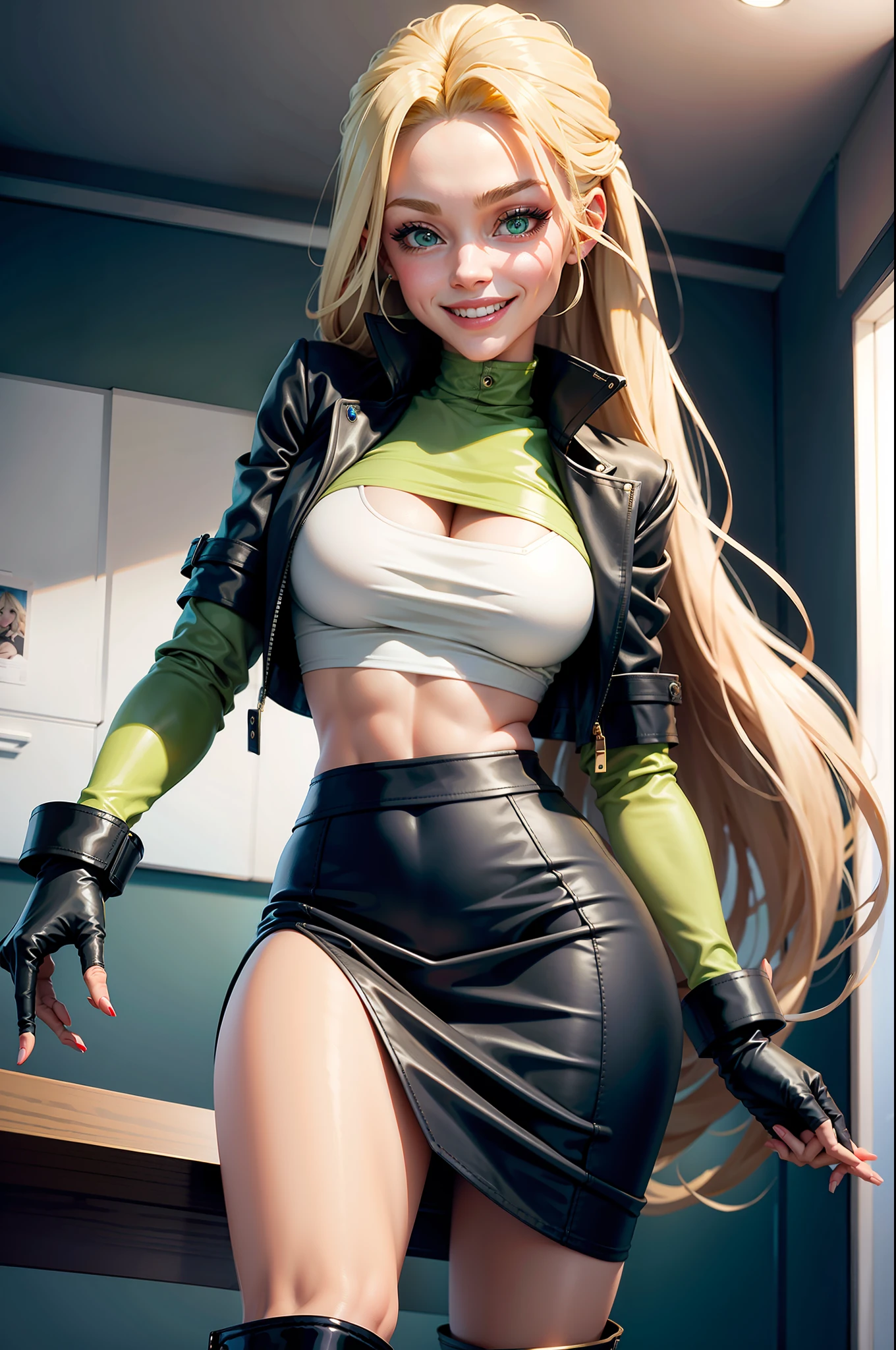 sexy, mason, back, smiling, long blonde hair and green eyes, black croptop, top, jacket, blue pencil skirt, red boots, white gloves, high heeled boots