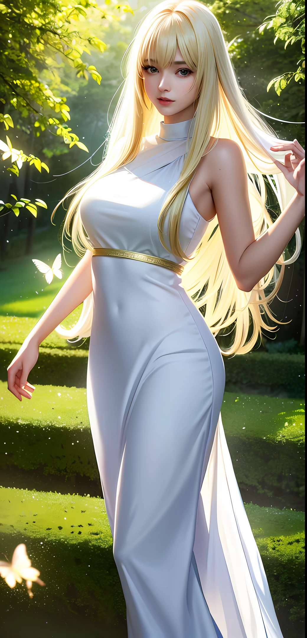 realistic, beautiful woman is yellow long hair, bangs, green eyes, white skin, wearing ( white long dresses),looking a viewer, beautiful female, solo female character, butterflies around,4k
