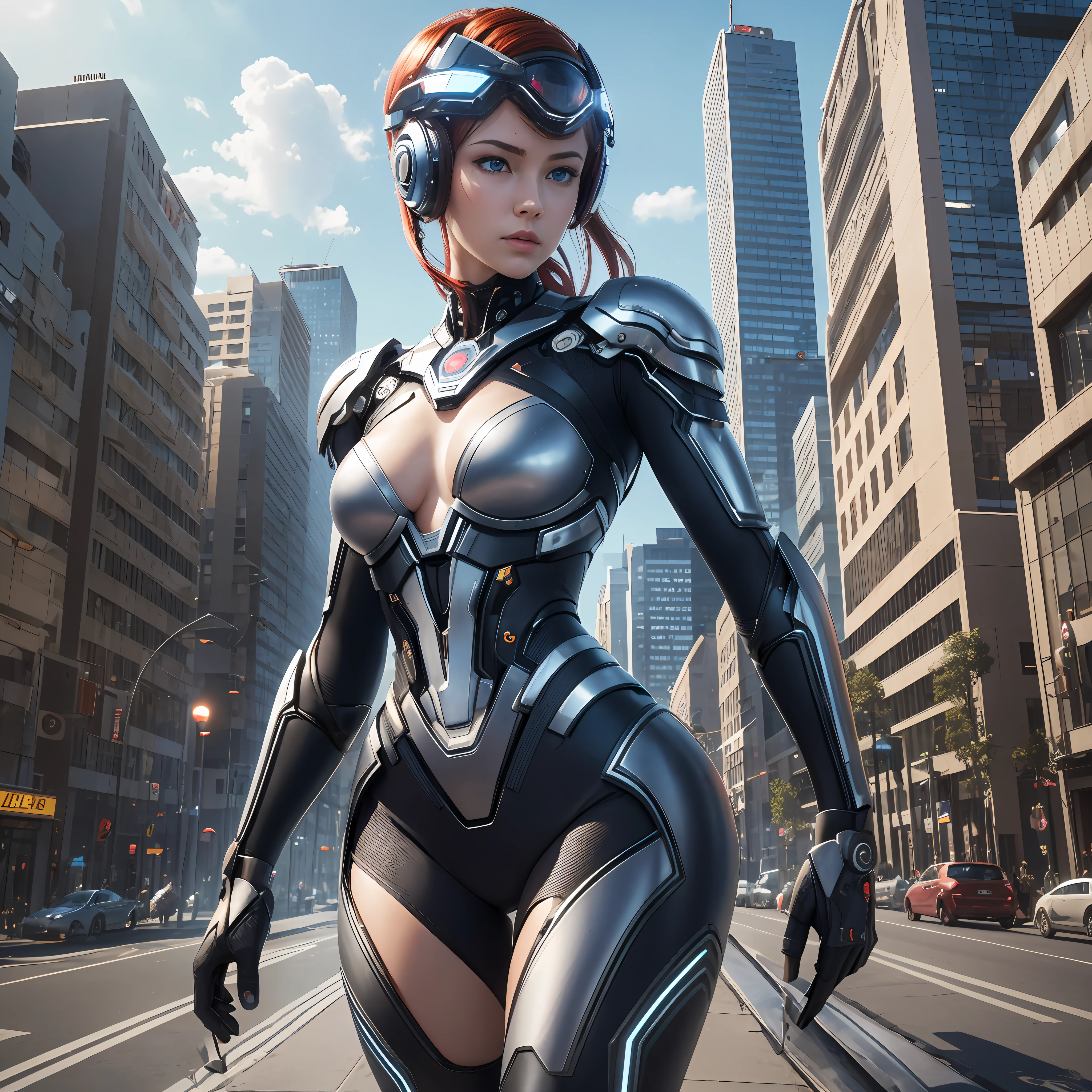 Create an ultra-realistic image depicting a young cyborg standing up, holding a bitten apple in her hand. The cyborg must have stunning blue eyes and vibrant red hair. Your body should be a perfect match between mechanical arms and a sexually attractive human structure, with all the details and realistic textures. The background of the image should present a futuristic aesthetic, with elements that refer to advanced technology. Add a large phrase in the background that says 'Apple', with the letters realistically illuminated, with shadows and reflections, standing out in the composition. The image should capture the perfect fusion between advanced technology and style, conveying a sense of innovation and modernity with incredible realism. --auto --s2
