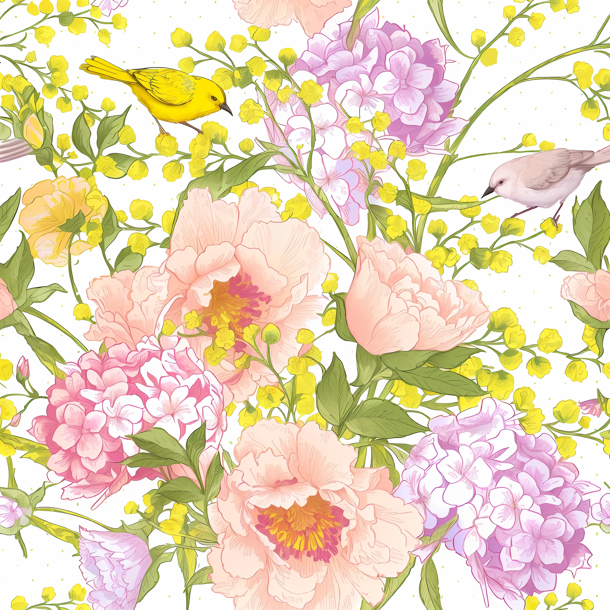 there is a floral pattern with birds and flowers on it, delicate garden on paper, garden flowers pattern, floral renewal, pastel flowery background, seamless pattern design, highly detailed pattern, neon floral pattern, pink yellow flowers, with colorful flowers and plants, dreamy floral background, floral dream, floral pattern, flowery wallpaper, penned with thin colors on white, hand drawn illustration