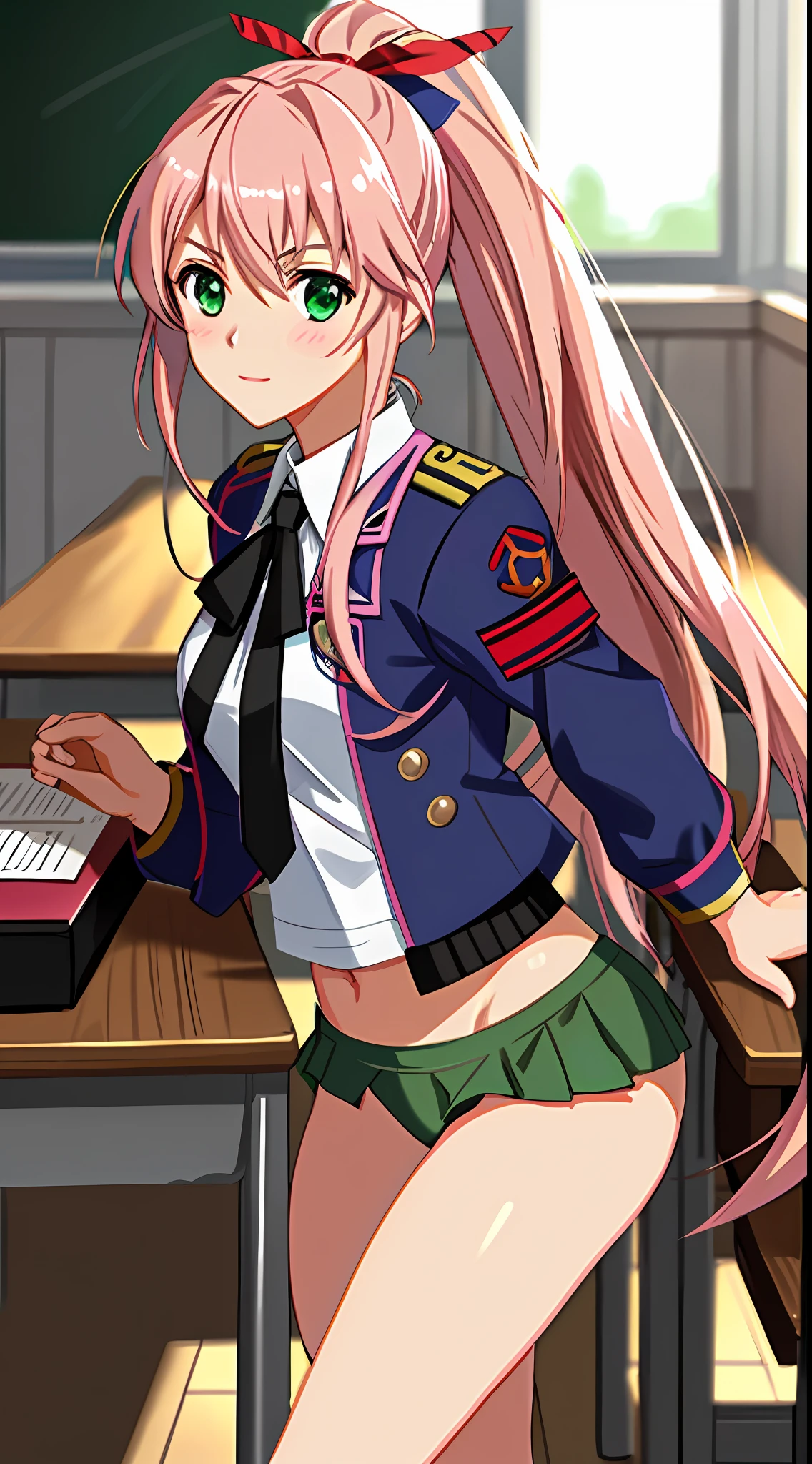 best quality, 8k, sharp focus, depth of field, best shadows, perfect lights, HDR, realistic skin texture, detailed, hyper detailed background, solo, 1 woman, Yuna crawford, pink hair, ponytail shorts and messy bangs, green eyes, small ?????, wearing a ???? ???? blue college dress, showing off her pink panties, shoulders showing, at a military school,  anime style inspired by trails of cold steel IV, ???????????, blushing, showing her pink panties in classroom