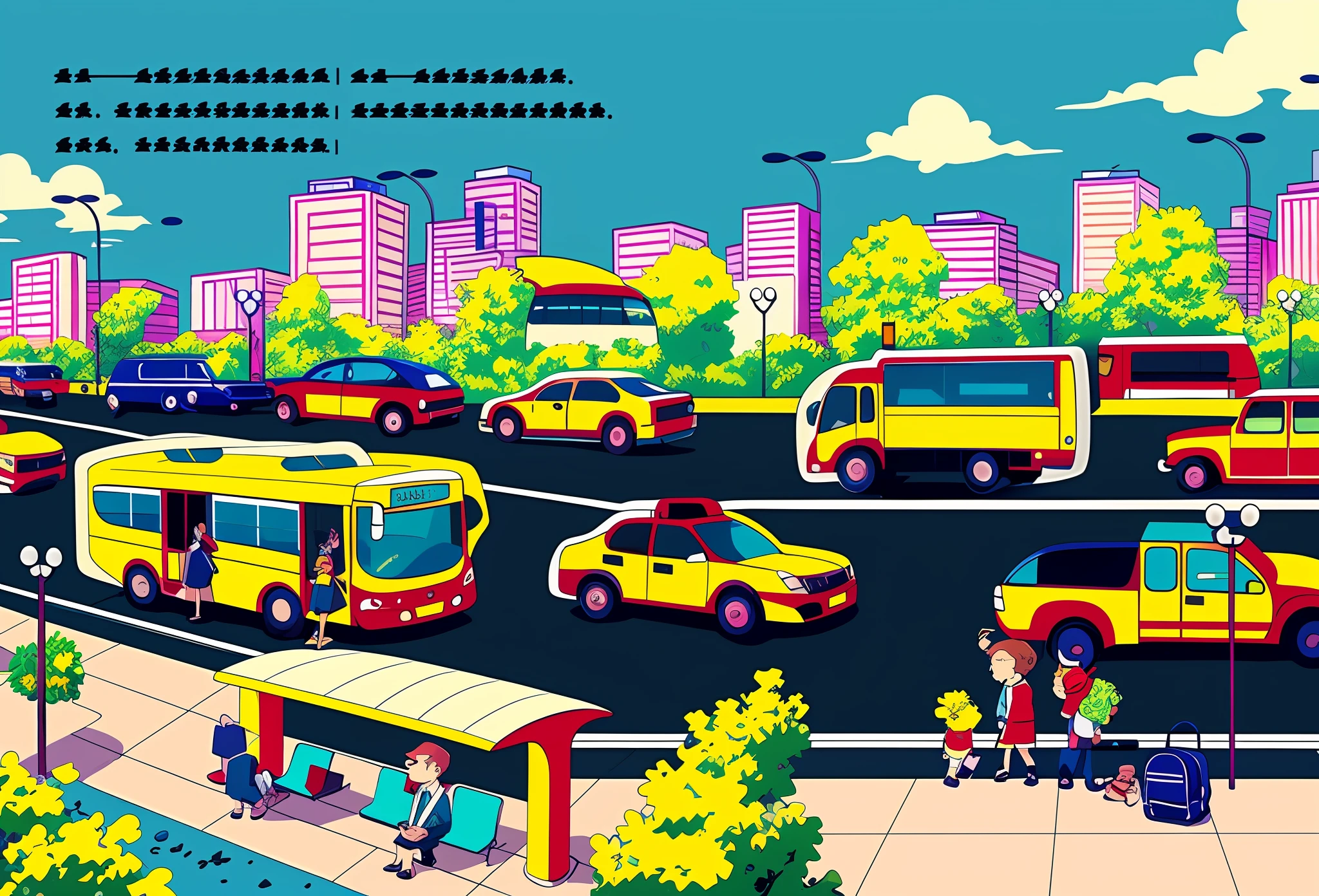 a drawing of a bus stop with people waiting to board it, anime city lineart, line art illustration, whole page illustration, line - art, clean ink detailed line drawing, full page illustration, 2d game lineart behance hd, 2 d game lineart behance hd, line art, linear illustration, lineart behance hd, illustration line art style