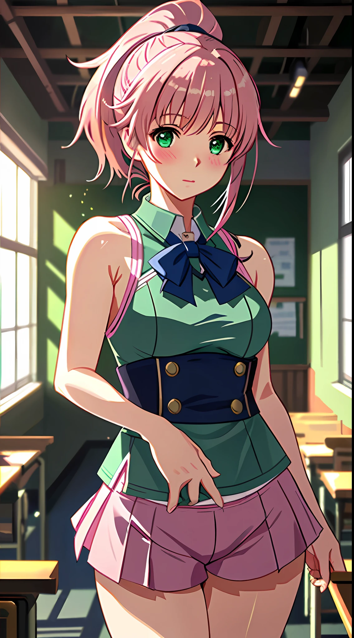 best quality, 8k, sharp focus, depth of field, best shadows, perfect lights, HDR, realistic skin texture, detailed, hyper detailed background, solo, 1 woman, Yuna crawford, pink hair, ponytail shorts and messy bangs, green eyes, small boobs, wearing a sexy lewd blue college dress, showing off her pink panties, shoulders showing, at a military school, anime style inspired by trails of cold steel IV, lewd, Ecchi, blushing, showing her pink panties in classroom