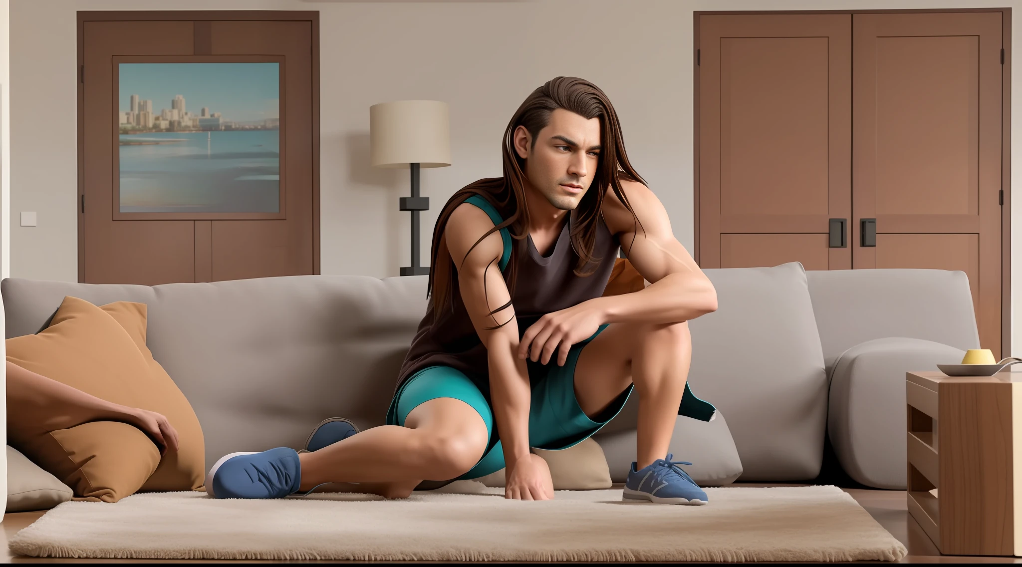 Male character A sits on a spacious living room sofa and male character B kneels in front of A.
