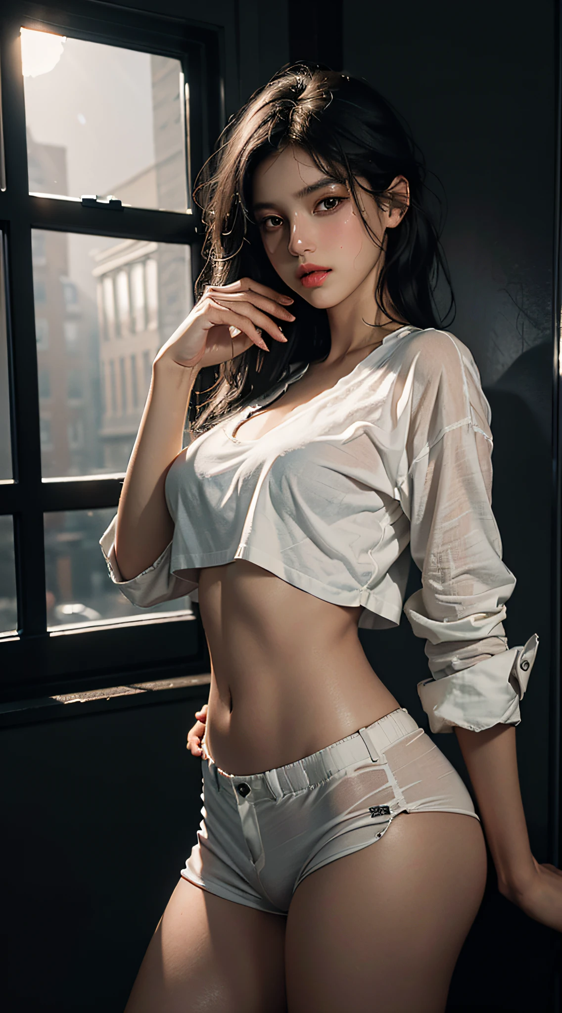 top quality, masterpiece, ultra high definition, (photoreal: 1.4), raw photo, best portrait, disheveled black hair, one girl, staring at viewer, sexual invitation, white oversized shirt exposed in front, medium breasts, navel, sigma f1.4, dimly lit interior, cinematic lighting