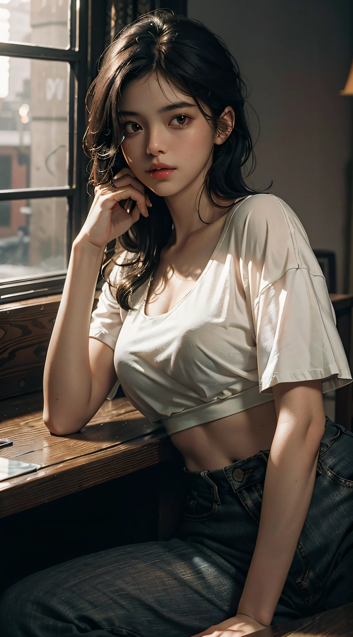 Best quality, masterpiece, ultra high resolution, (photoreal: 1.4), raw photo, best portrait, disheveled black hair, one girl, beautiful face depicted in detail, face close-up, facial expression, staring at the viewer, sexual invitation, white oversized shirt exposed in front, medium breasts, navel, Sigma f1.4, dimly lit interior, cinematic lighting
