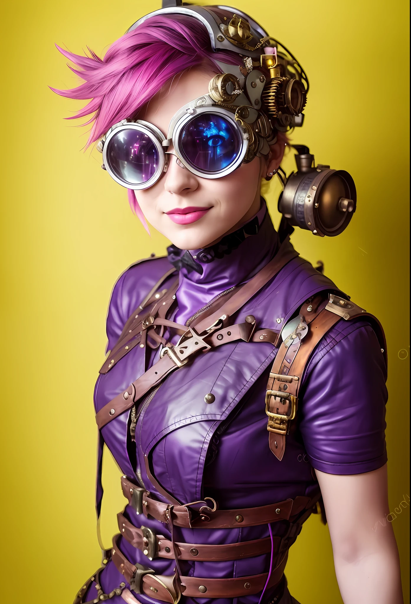 arafed woman in a purple outfit and goggles posing for a picture, vi from arcane, vi from league of legends, vivid steampunk concept, steampunk cyberpunk, colorful sci-fi steampunk, cybersteampunk, cyber steampunk, sci-fi steampunk, steampunk girl, wearing steampunk attire, wearing victorian brass goggles, steampunk googles, in a steampunk world, neon steampunk