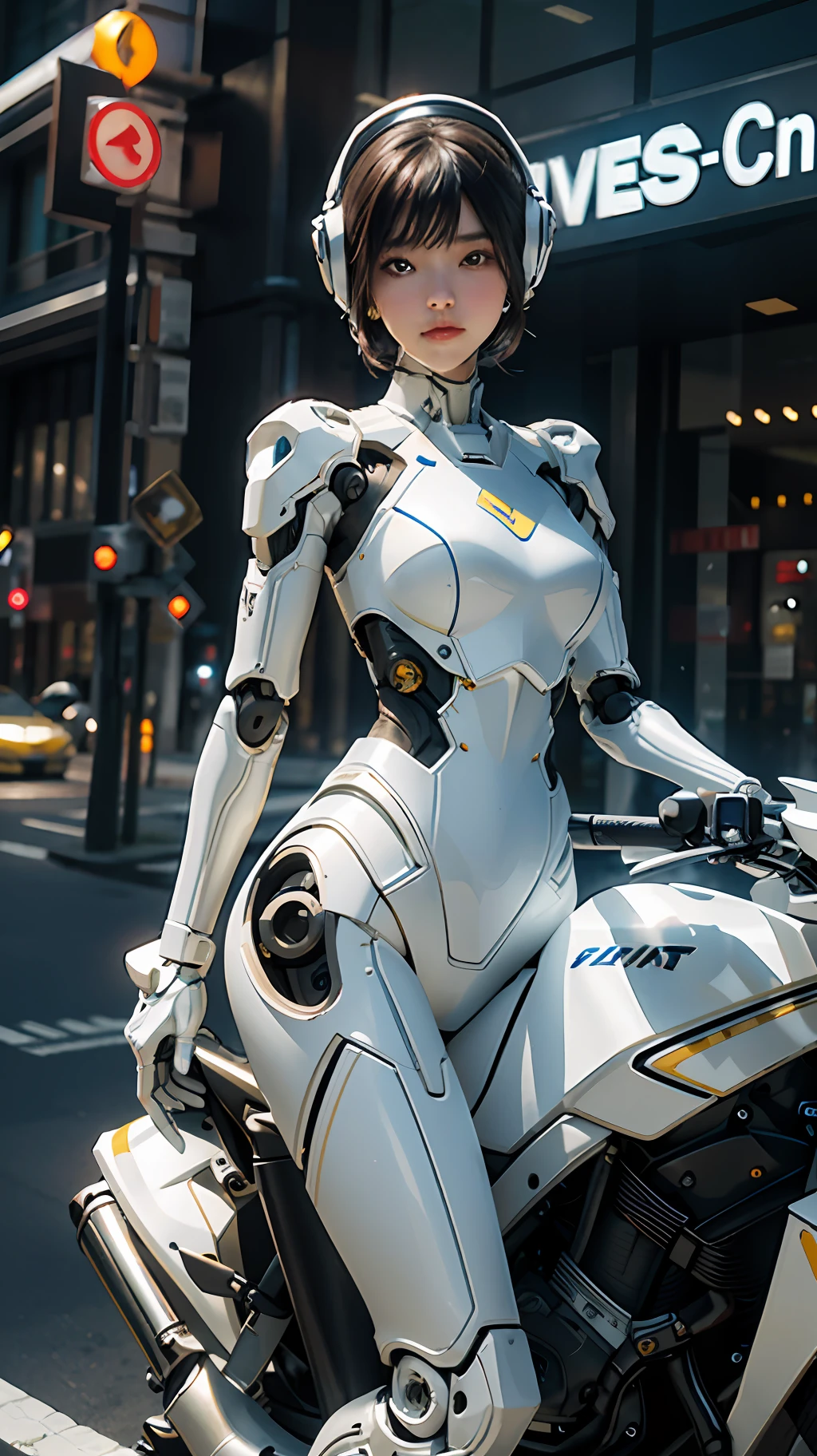 Highest quality, outstanding detail, super high resolution, (fidelity: 1.4), best illustration, favor details, complex 3d rendering very detailed beautiful ceramic silhouette female robot face, robot, robot parts, highly condensed 1girl, with a delicate and beautiful face, dressed in white mecha, wearing a mecha helmet, holding a direction controller, riding on a yellow motorcycle, the background is a high-tech lighting city highway scene of the future city, movie lighting,