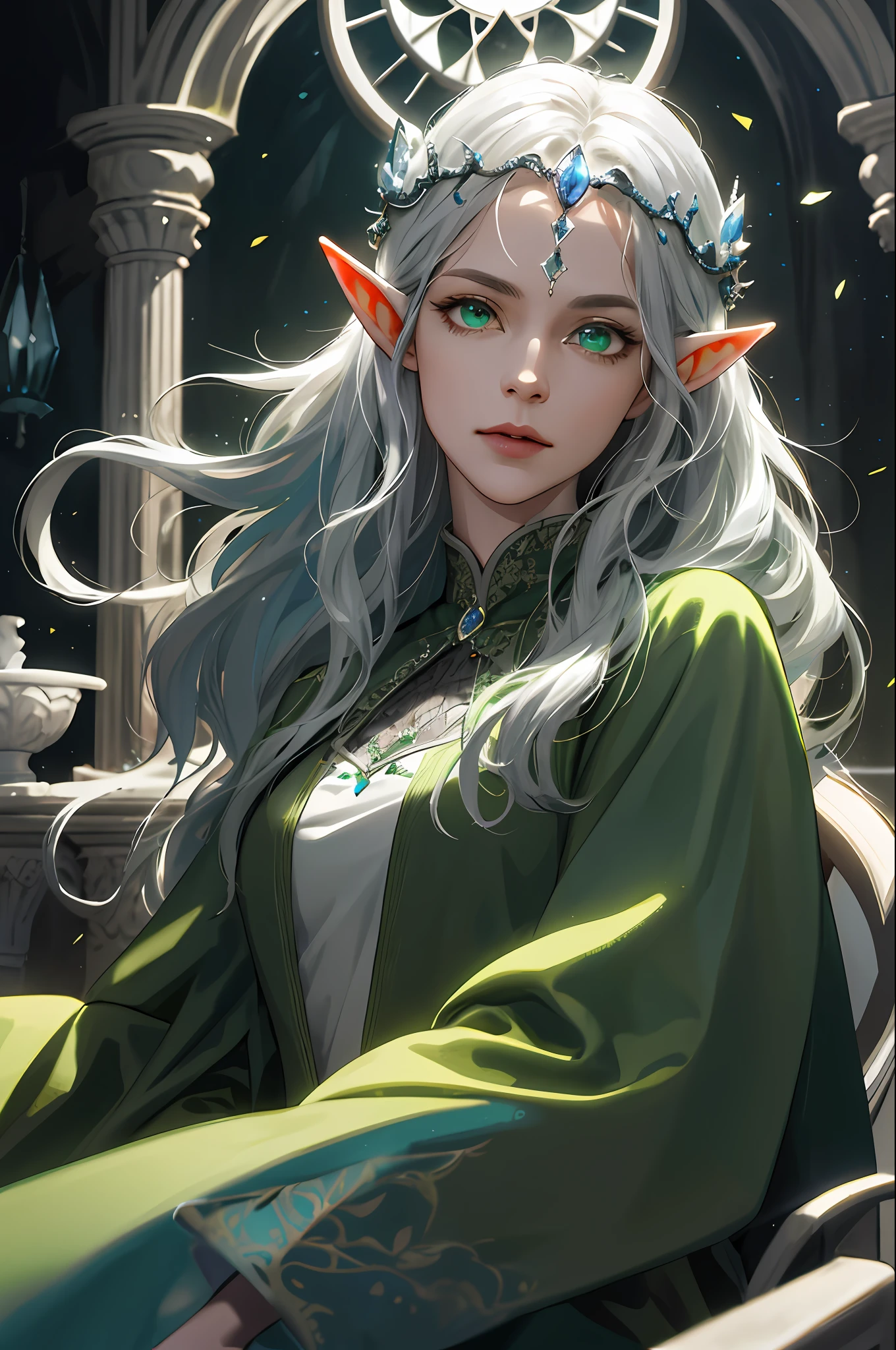 (masterpiece), (absurd, high resolution, super detail), dynamic lighting, blurry background, beautiful face, fantastic , elf, elf, one woman, mature woman, age up, wavy long hair, silver hair, green eyes, parted bangs, circlet, small breasts, detailed eyes and detailed face, highly detailed CG unified 8k wallpaper, intricate details, viewer view, solo, Upper body, detailed background, upper body, detailed face, (Gothic Dark Ages theme: 1.5), crystal sorcerer, nature-themed clothing, green robes, glowing magic fragments, green magic crystals, thrones, audience rooms, magic floating particles, wind magic, magnificent ethereal atmosphere, updrafts, portraits,