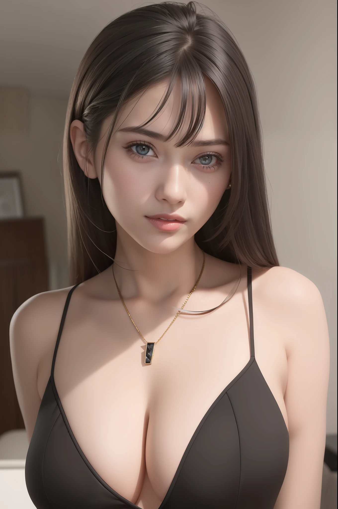 (RAW Photos: 1.2), (Photorealistic: 1.4), (Best Quality: 1.4), Ultra High Resolution, (Detailed Eyes), (Detailed Facial Features), (Detailed Clothing Features), HDR, 8K Resolution, Solo Focus, Bangs, Skin Tightening, (Slender Girl), Dreamy,
(ultra-fine illustration), check commentary, explanation request, landscape, no text,
Virtual Girl Aim, Medium, Straight Hair, Long Hair, Black Hair, Black Eyes,
1 girl, upper body,
Crystal pendant, formal office clothes, high heel shoes
cute, innocent,
(smile),