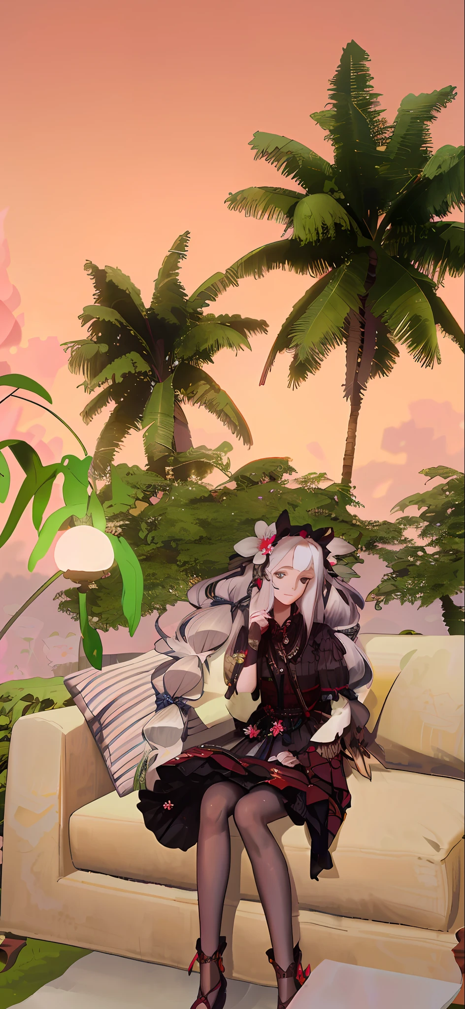 (masterpiece, best quality),1girl with long white hair sitting in a field of green plants and flowers, her hand under her chin, warm lighting, white dress, blurry foreground