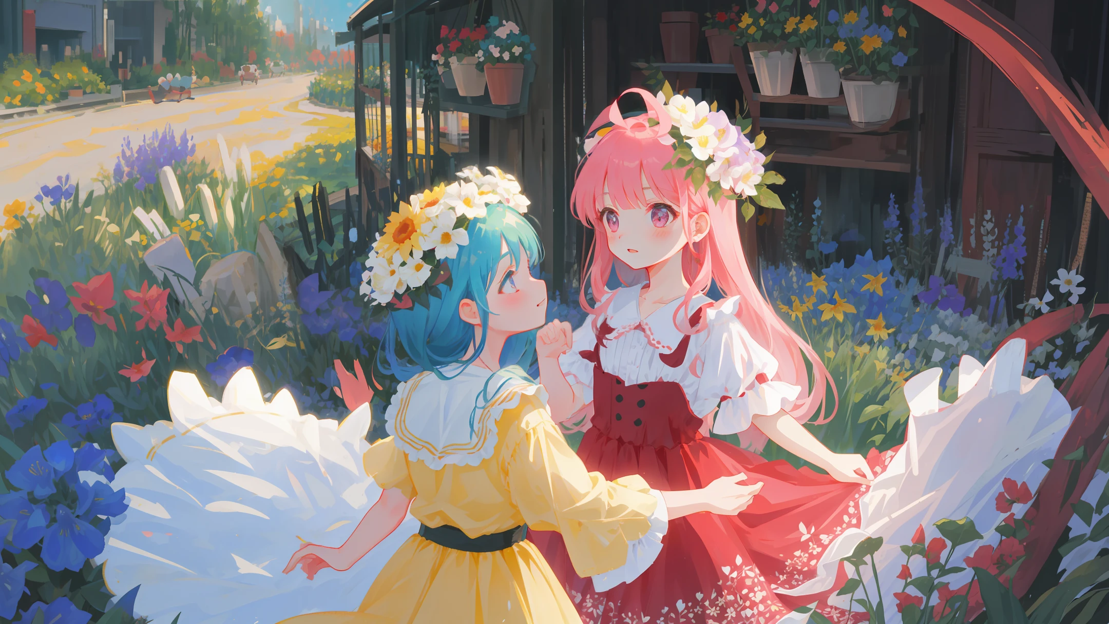 In the garden full of flowers, under the sunlight, little girls in floral dresses are dancing