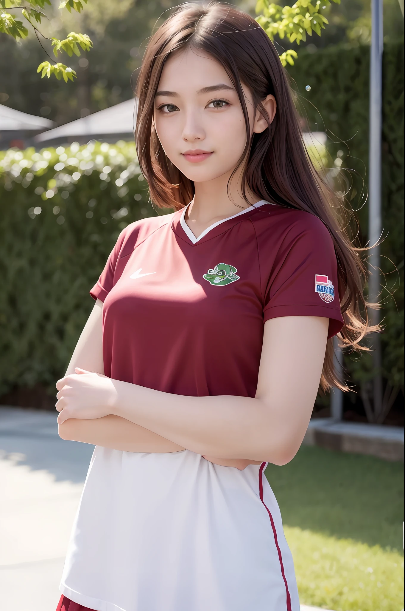(8K, Best Quality, Masterpiece: 1.2), (Realistic, Photorealistic: 1.37), Super Detail, 1 Girl, 20 years old, Big, Beauty, Cute, Smile, Solo, (Redness of the Nose), (Smile: 1.15), (Mouth Closed), Volleyball, Uniform, Beautiful Eyes, Ballet Ball Court, (Long Hair: 1.2), Floating Hair Novafrog Style, Upper body
