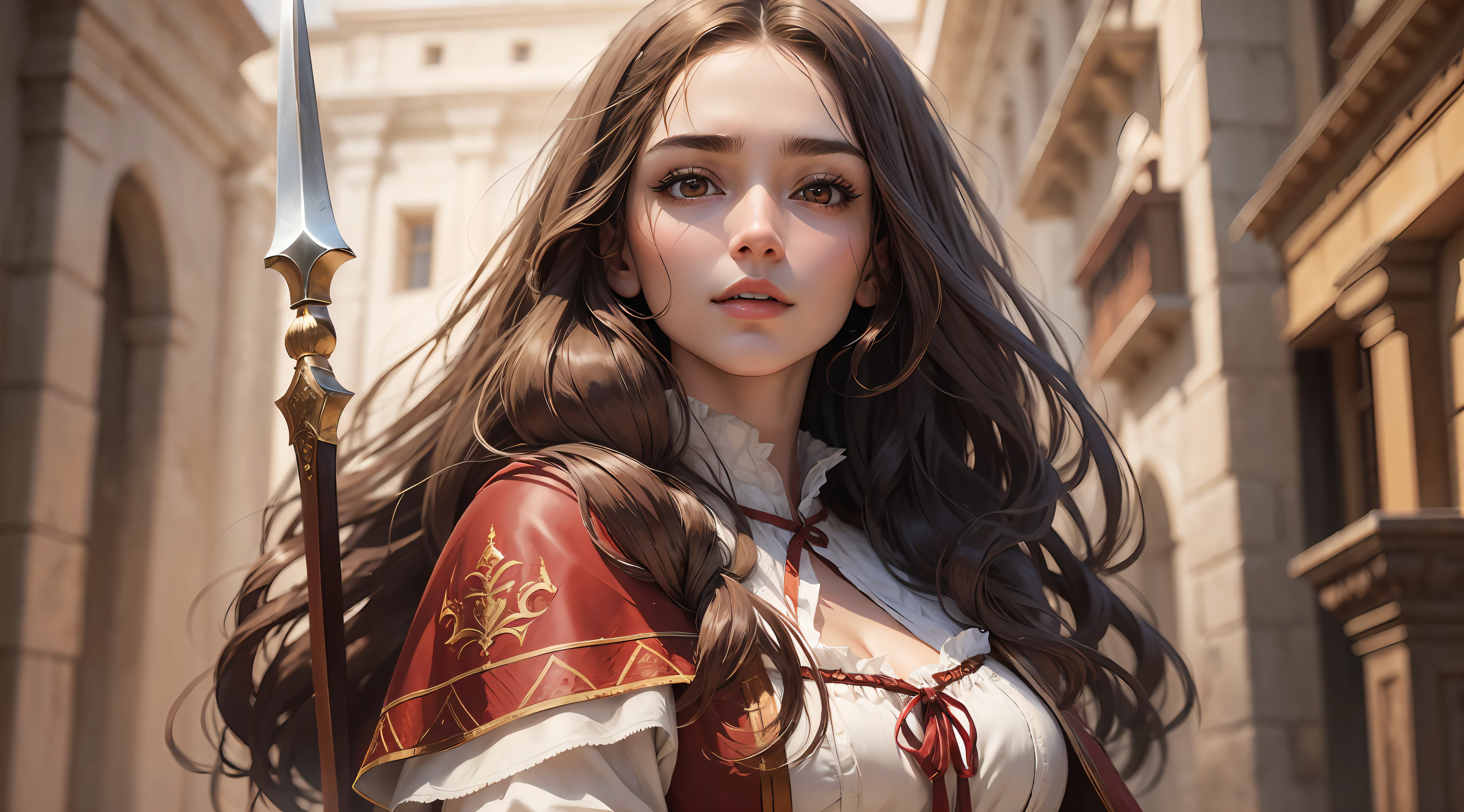 (highest resolution, distinct_image) top quality, female masterpiece, highly detailed, semi-realistic, (most of the body), brown long hair, 18 years old, young, white blouse, red cloak, medieval Spanish costume, sharp face, (big brown eyes), gently smiling, authoritative, powerful, standing with a spear, anime reference 86