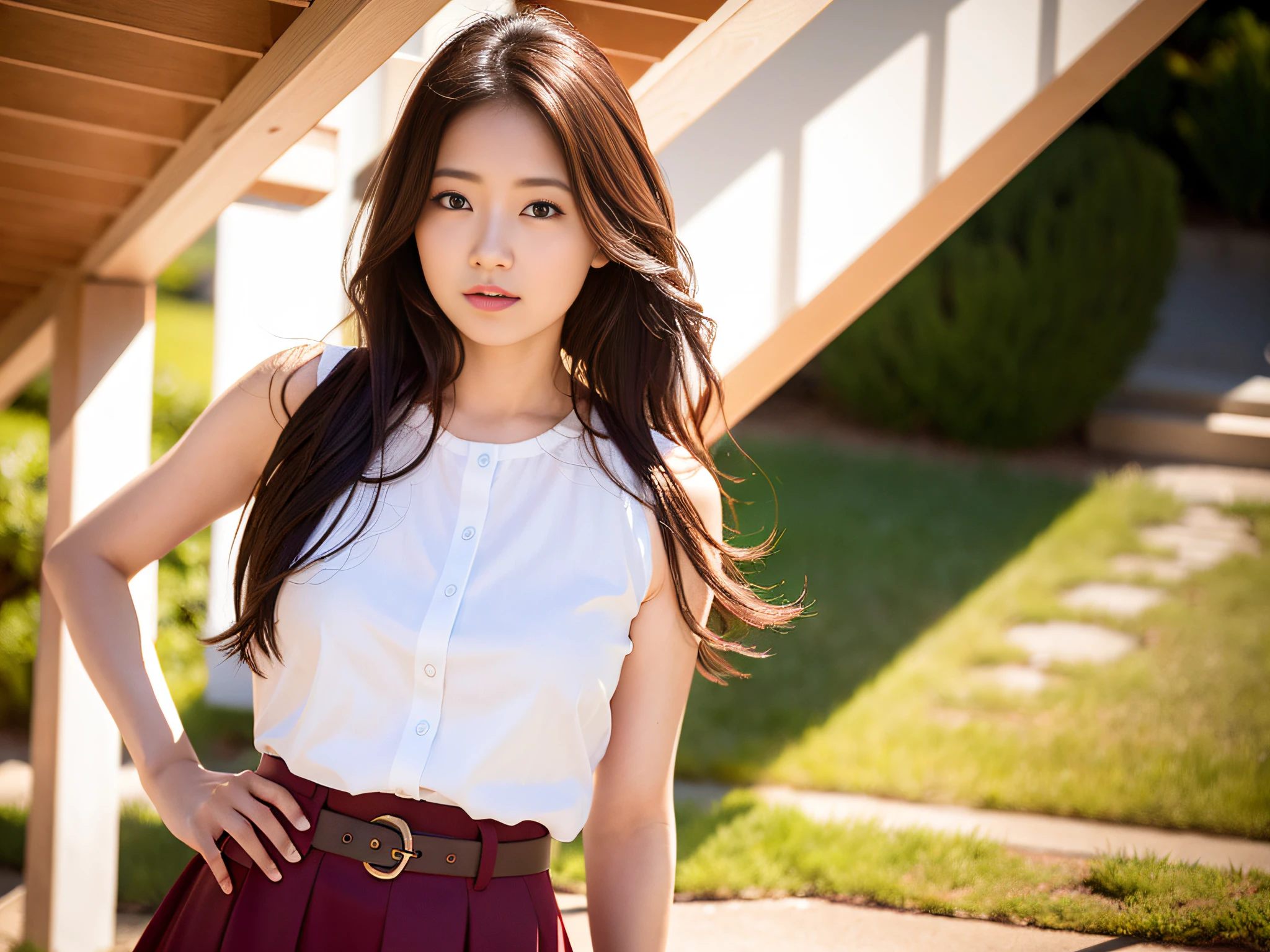 Solo, Single Woman, 1female, long_hair, Nanase Nishino, Haruka Kaki, Summer, Flared Skirt, (8K, RAW photography, Best quality, Masterpiece:1.2), (Realistic, Photorealism:1.37), Professional Lighting, Photon Mapping, Radiosity, Physically Based Rendering