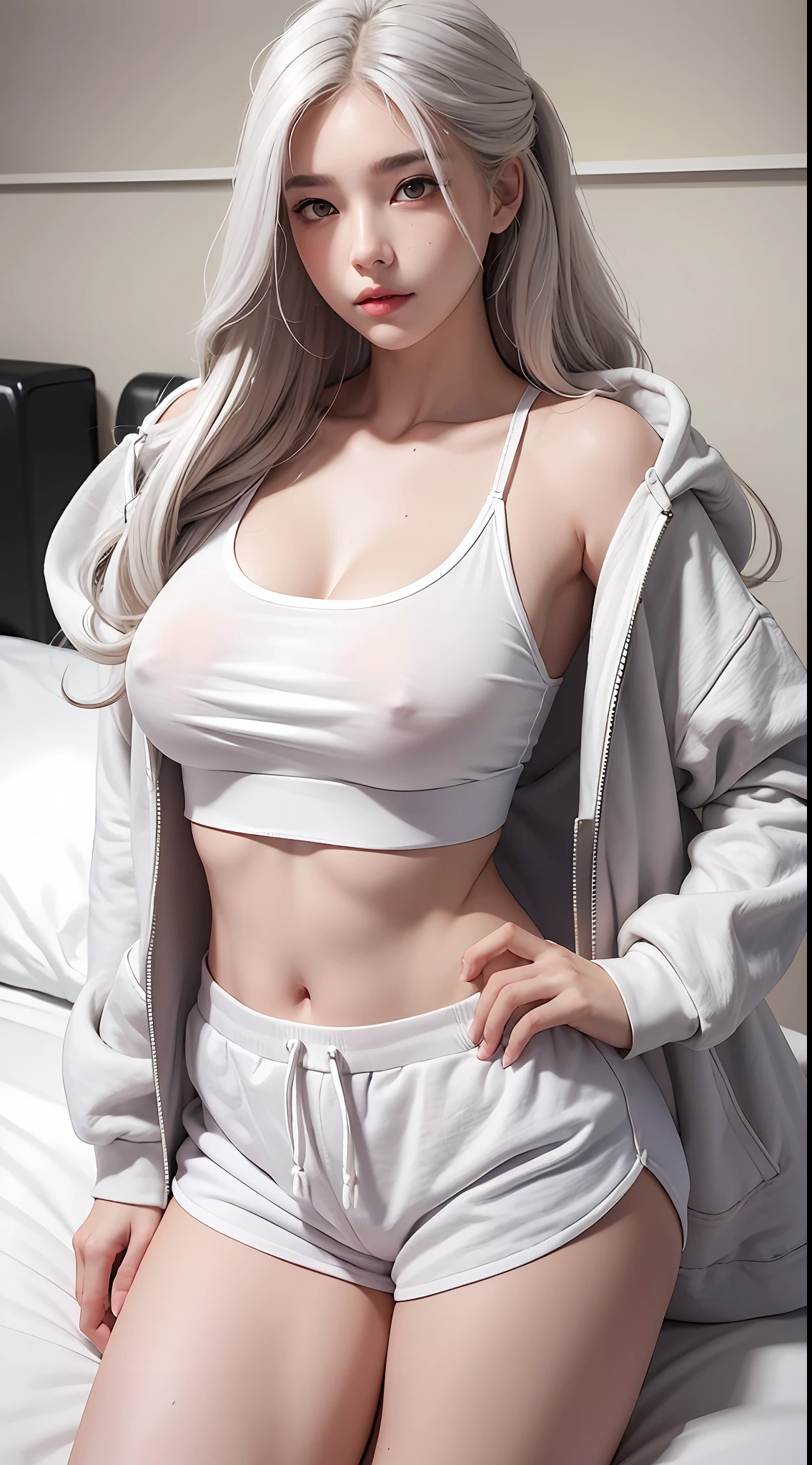 photorealistic, high resolution, 1girl, white wavy hair, korean, heterochromia eyes, thick eyebrows, sharp nose, small mole below eye, loose white hoodie, ripped gray gym shorts, medium breast, small waist, huge thighs, on bed