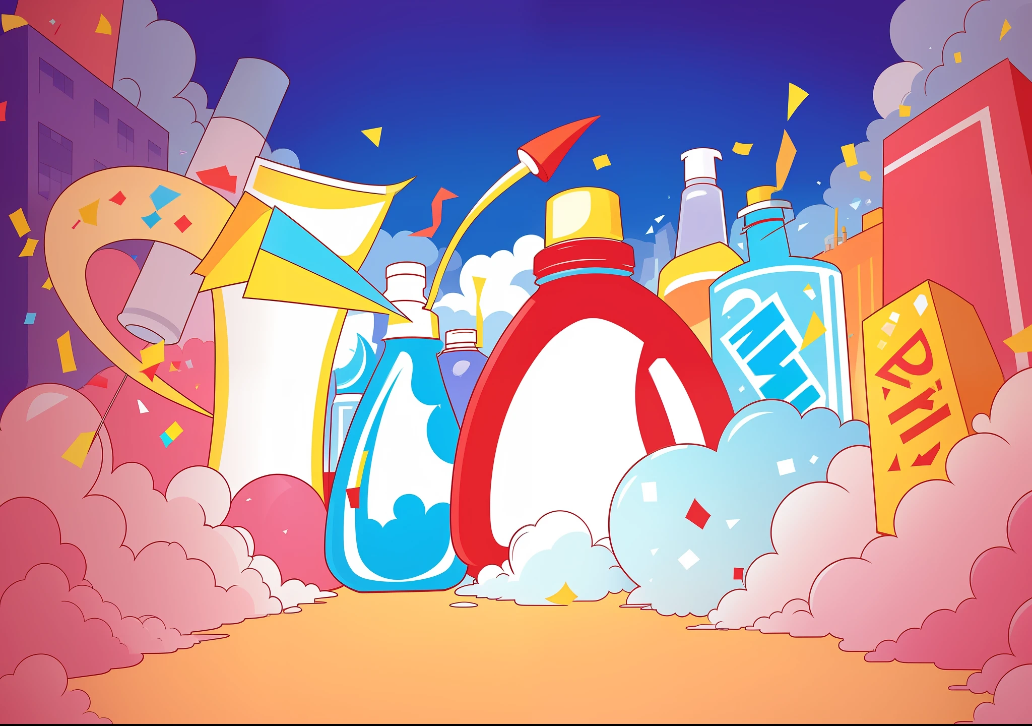 In a city with a lot of buildings and confetti, red bottled laundry detergent graffiti is the subject _ background (smoke), background art, toothpaste refinery, vandal background, commercial illustration, toothpaste explosion, high school background, background artwork, factory background, magic lab background, breeze background, explosive background, background super detailed, clean background, basic background, random background scene, mall background, bubble landscape, color illustration unchanged composition, position unchanged, red laundry detergent is the main body, Weaken the surrounding toiletries, impact composition, cartoon style, lively festivals, scattered flowers,