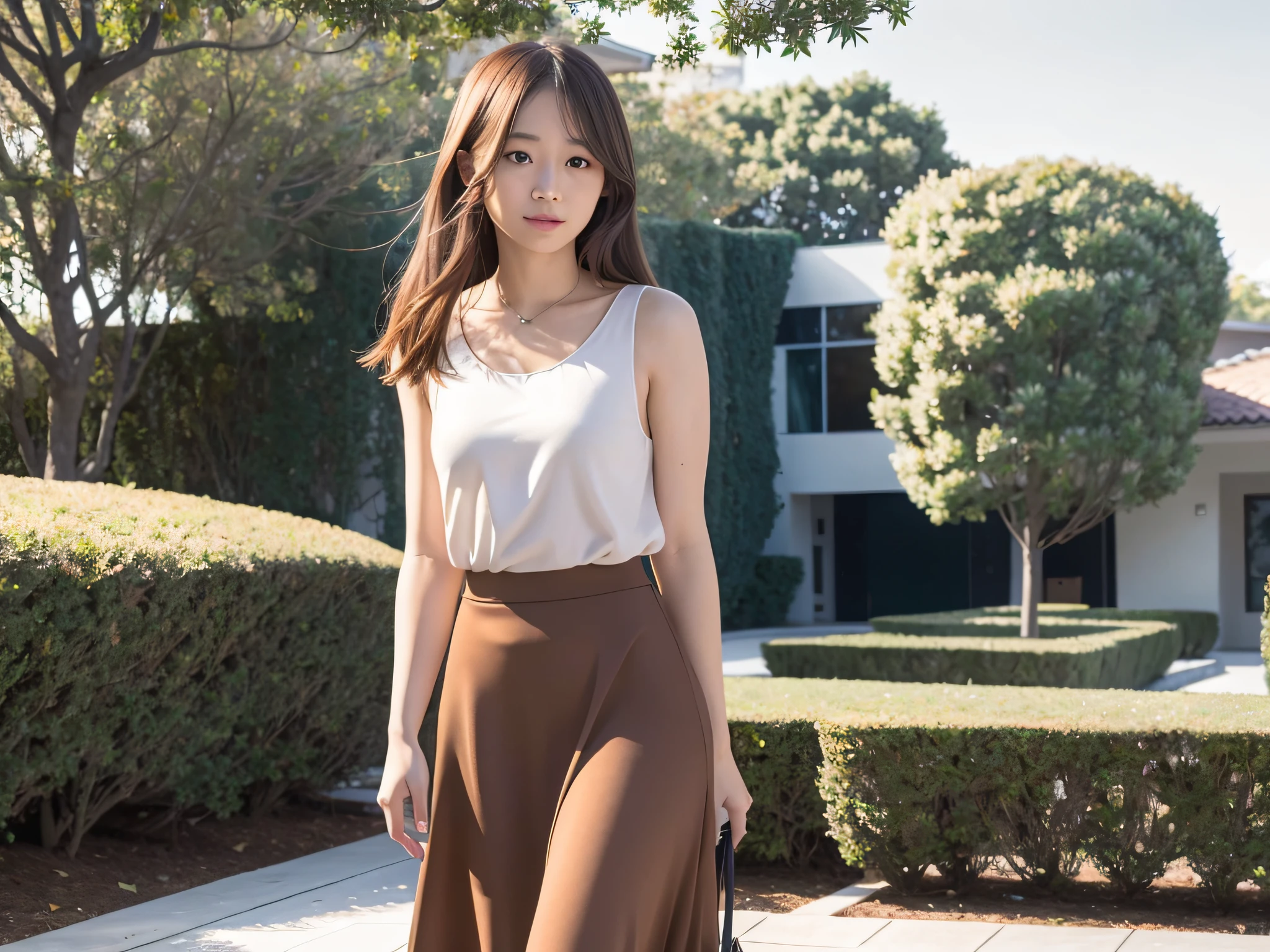 Solo, 1 female, 1 female, 1 female, long_hair, Nanase Nishino, Haruka Kaki, Summer, Flared skirt, Neat, Refreshing, Hiding hands, Hands behind their backs, (8K, RAW photography, best quality, masterpiece: 1.2), (Realistic, Photorealism: 1.37), Professional Lighting, Photon Mapping, Radiosity, Physically Based Rendering