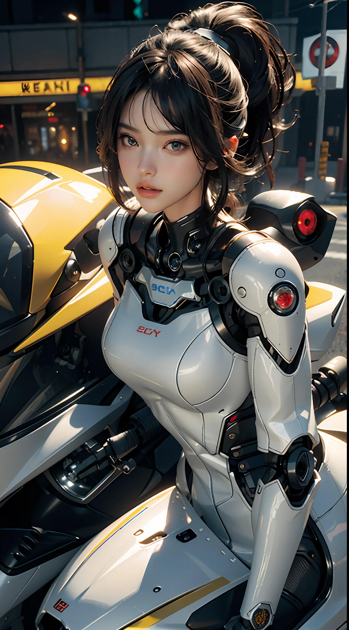 Highest quality, outstanding detail, super high resolution, (fidelity: 1.4), best illustration, favor details, complex 3d rendering very detailed beautiful ceramic silhouette female robot face, robot, robot parts, highly condensed 1girl, with a delicate and beautiful face, face realistic 3D high-precision rendering details, dressed in mecha, wearing mecha helmet, holding direction controller, riding on a yellow motorcycle, the background is high-tech lighting city highway scene of the future city, movie lighting,