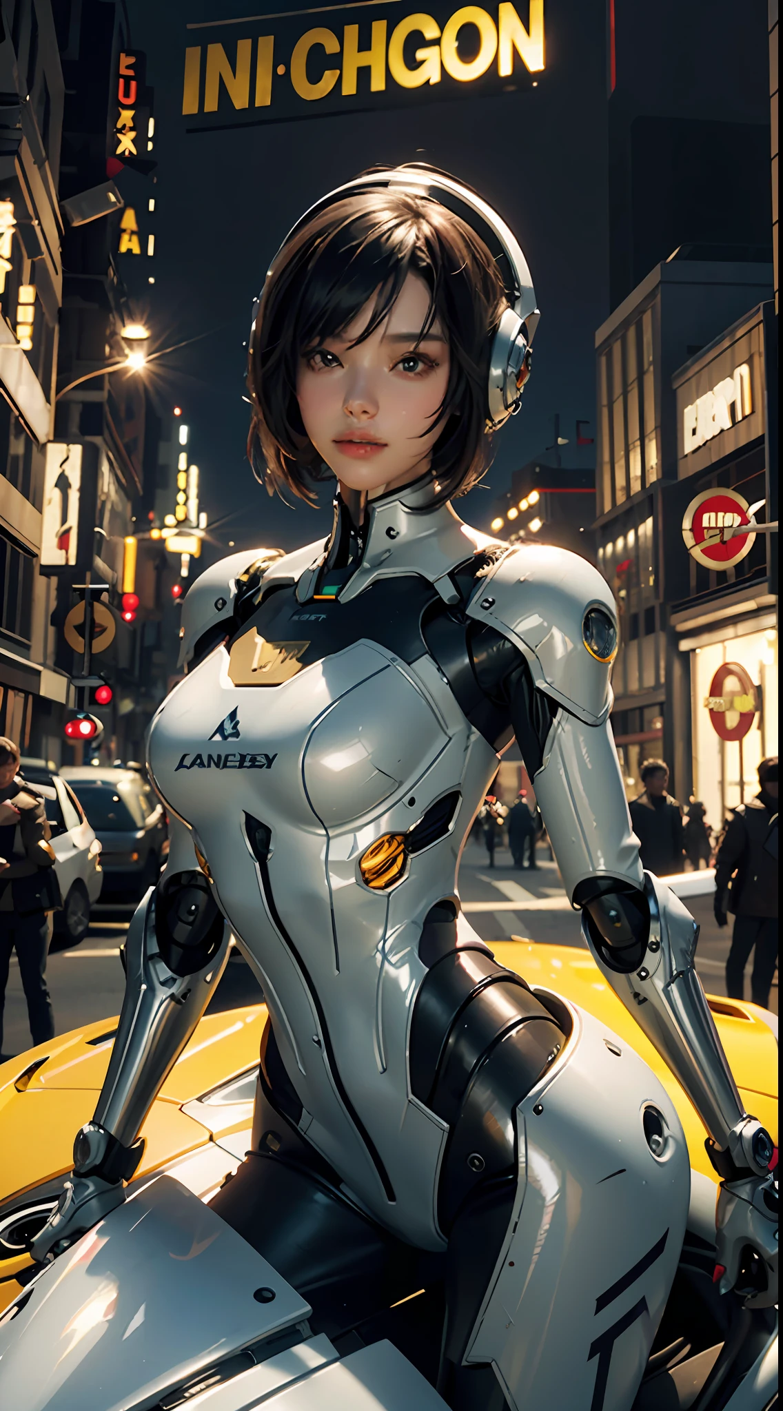 Highest quality, outstanding detail, super high resolution, (fidelity: 1.4), best illustration, favor details, complex 3d rendering very detailed beautiful ceramic silhouette female robot face, robot, robot parts, highly condensed 1girl, with a delicate and beautiful face, face realistic 3D high-precision rendering details, dressed in mecha, wearing mecha helmet, holding direction controller, riding on a yellow motorcycle, the background is high-tech lighting city highway scene of the future city, movie lighting,