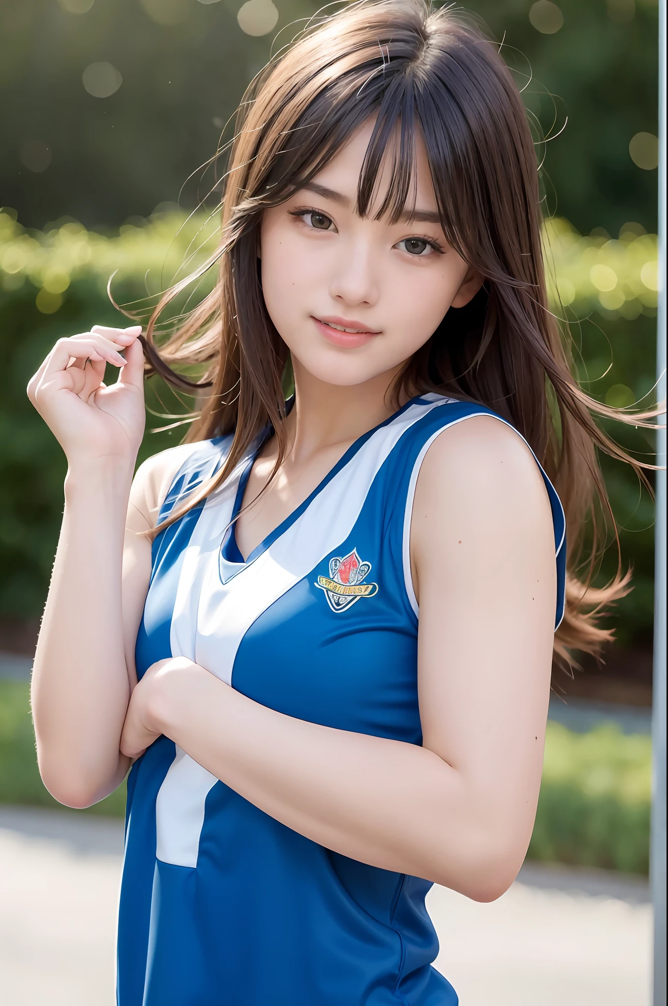 (8K, Best Quality, Masterpiece: 1.2), (Realistic, Photorealistic: 1.37), Super Detail, 1 Girl, 20 years old, Big, Beauty, Cute, Smile, Solo, (Redness of the Nose), (Smile: 1.15), (Mouth Closed), Volleyball, Uniform, Beautiful Eyes, Ballet Ball Court, (Long Hair: 1.2), Floating Hair Novafrog Style, Upper body
