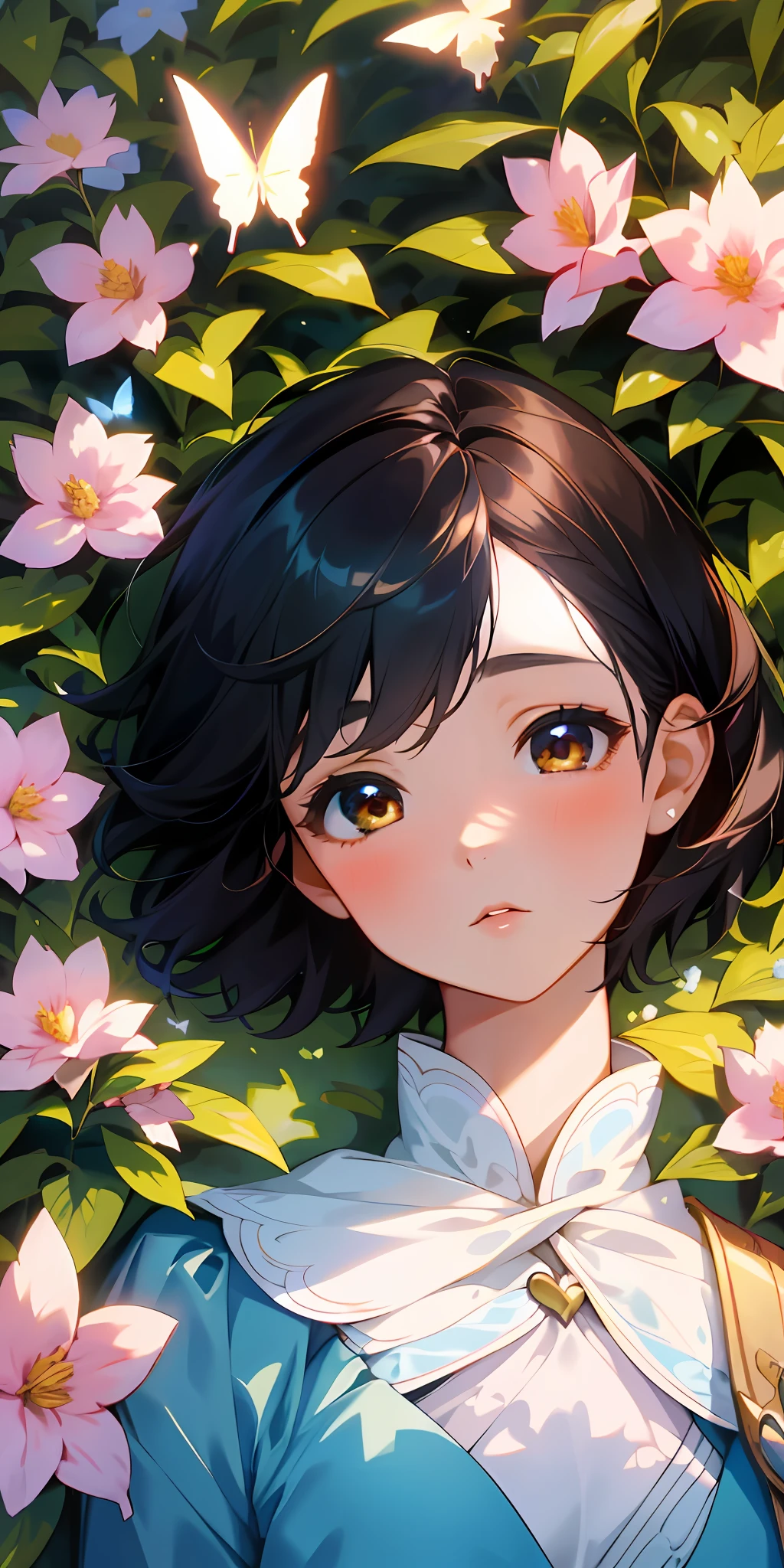 Portrait of one beautiful and delicate girl with Kai heart-love, short hair like a boy, black hair, (highest quality, masterpiece, super real), soft and peaceful expression, the landscape in the background is a garden with flowering bushes and butterflies flying around.