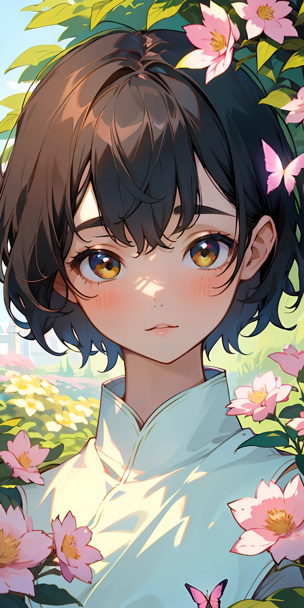 Portrait of one beautiful and delicate girl with Kai heart-love, short hair like a boy, black hair, (highest quality, masterpiece, super real), soft and peaceful expression, the landscape in the background is a garden with flowering bushes and butterflies flying around.