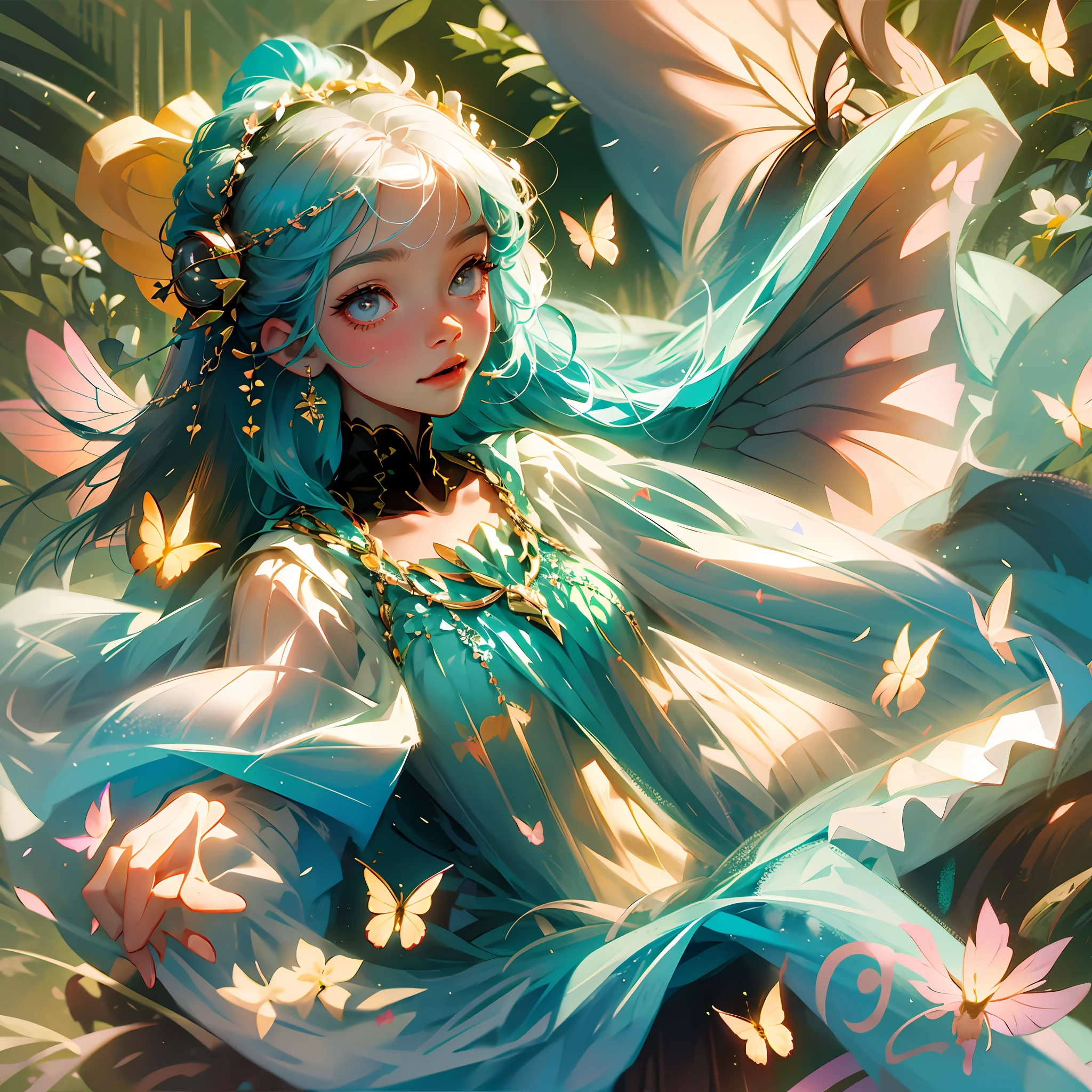 The little girl in a floral dress and a smile on her face is surrounded by bees and butterflies like a flower fairy --auto --s2