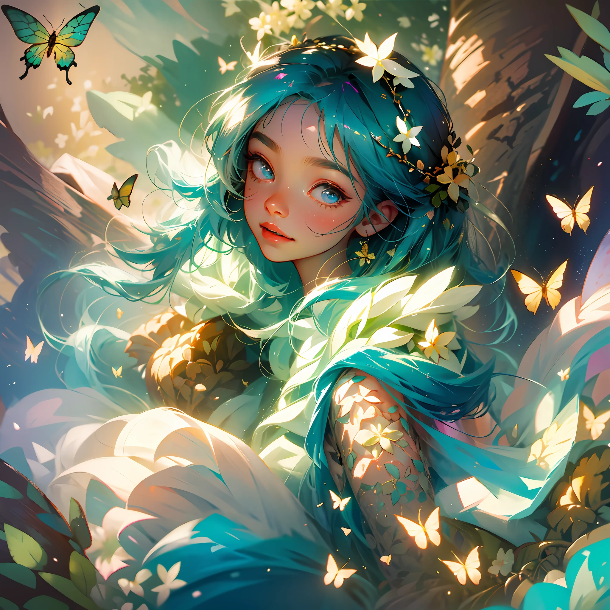 The little girl in a floral dress and a smile on her face is surrounded by bees and butterflies like a flower fairy --auto --s2