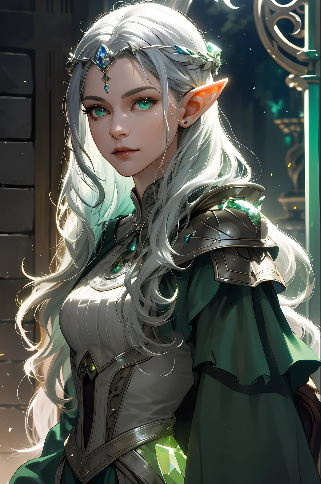 (masterpiece), (absurd, high resolution, super detail), dynamic lighting, blurry background, beautiful face, fantastic , elf, elf, one woman, mature woman, age up, wavy long hair, silver hair, green eyes, parted bangs, circlet, small breasts, detailed eyes and detailed face, highly detailed CG unified 8k wallpaper, intricate details, viewer view, solo, Upper body, detailed background, upper body, detailed face, (Gothic Dark Ages theme: 1.5), crystal sorcerer, nature-themed clothing, green legal robe, glowing magic fragments, green magic crystal, throne, audience room, magic floating particles, wind magic, magnificent ethereal atmosphere, updraft, portrait, appeal)), armor,