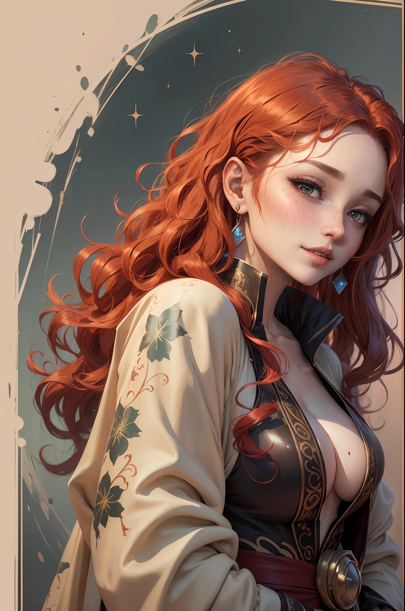 (Gorgeous robes.), A woman, noble, The beauty, Playful, Pure), red hair, curly hair, messy hair, long hair, mole under eye, heart-shaped pupils, half-closed eyes, sparkling eyes, heart earrings, parted lips, seductive smile, moaning, torogao, naughty face, full-face blush, anime, Romanticism, Genre painting, anime style, drop shadow, tachi-e, cowboy shot, Ultra-Wide Angle, wide shot, from above, from side, UHD, high details, super detail, textured skin, 4K