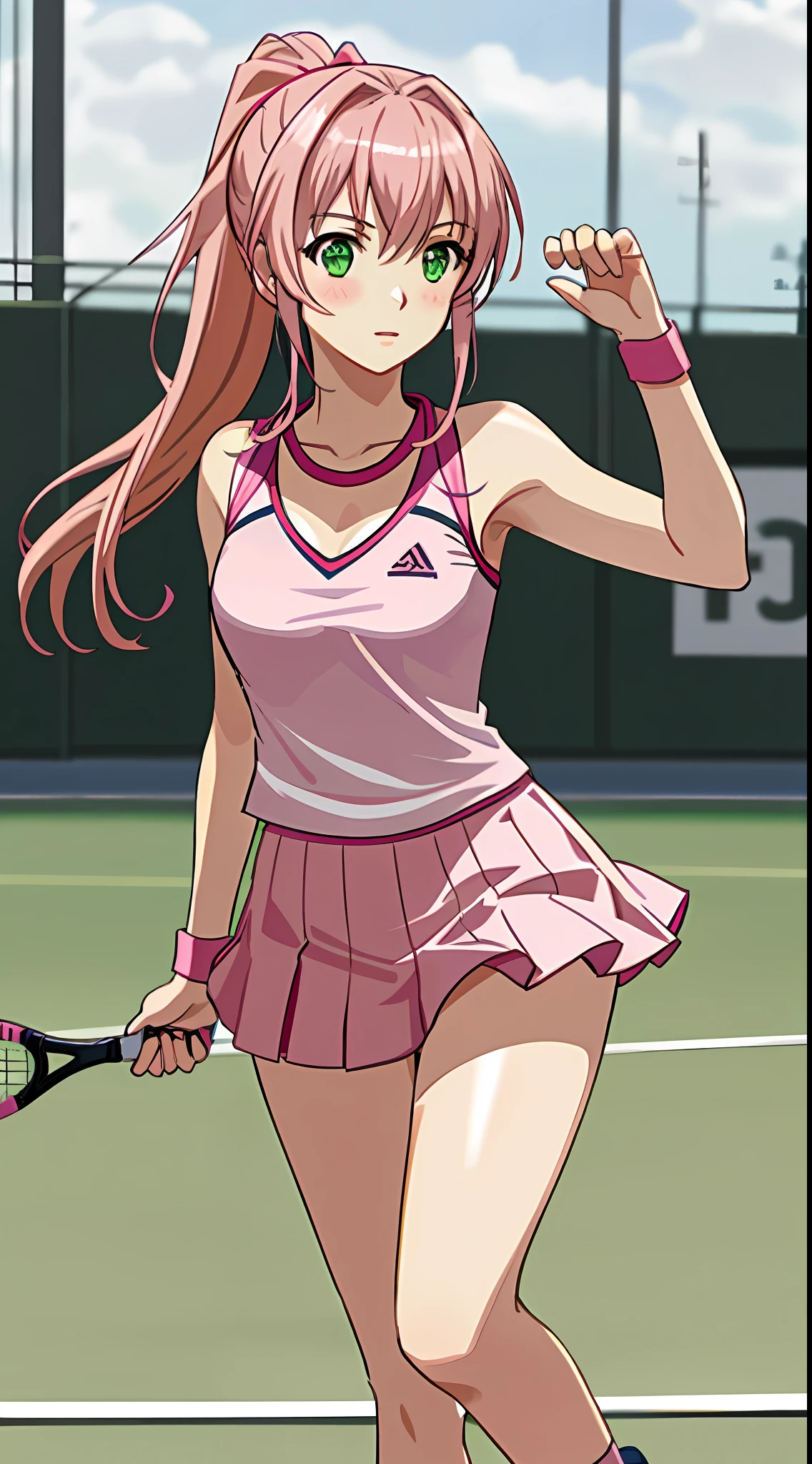 best quality, 8k, sharp focus, depth of field, best shadows, perfect lights, HDR, realistic skin texture, detailed, hyper detailed background, solo, 1 woman, Yuna crawford, pink hair, short ponytail and messy bangs, green eyes, small ?????, wearing white sneaker outfit, seethrough, pink sneakers, showing her pink panties, shoulders showing, in a military school,  anime style inspired by trails of cold steel IV, ???????????, blushing, showing her pink panties in a tennis court 🎾👟