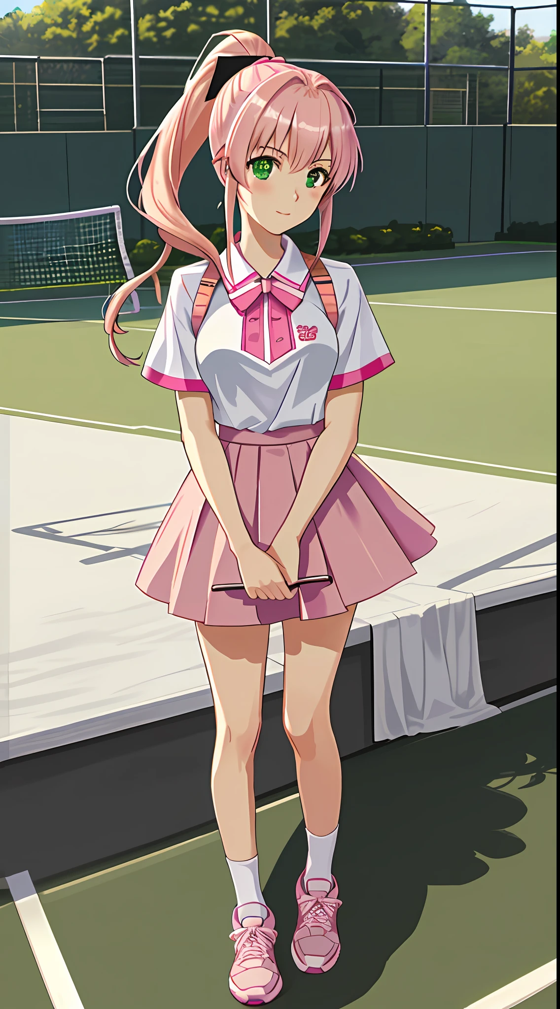 best quality, 8k, sharp focus, depth of field, best shadows, perfect lights, HDR, realistic skin texture, detailed, hyper detailed background, solo, 1 woman, Yuna crawford, pink hair, short ponytail and messy bangs, green eyes, small boobs, wearing white sneaker outfit, seethrough, pink sneakers, showing her pink panties, shoulders showing, in a military school, anime style inspired by trails of cold steel IV, lewd, Ecchi, blushing, showing her pink panties in a tennis court 🎾👟